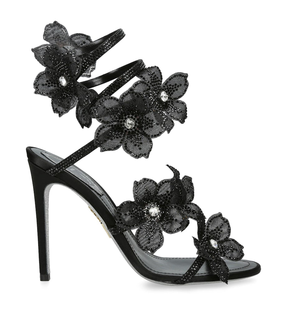 René Caovilla Black Satin Floral Cleo Sandals 105
