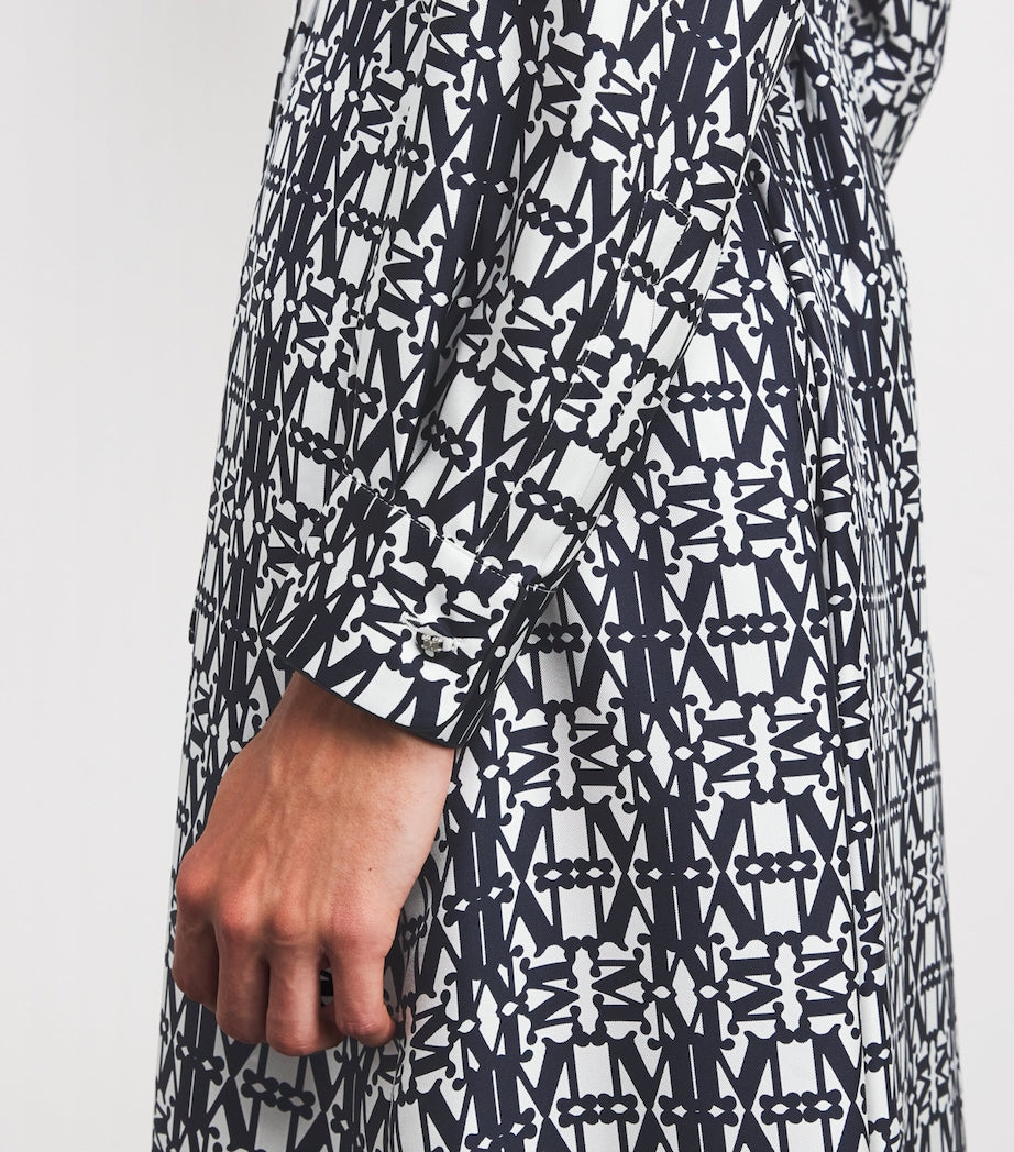 Blue Silk Monogram Midi Shirt Dress