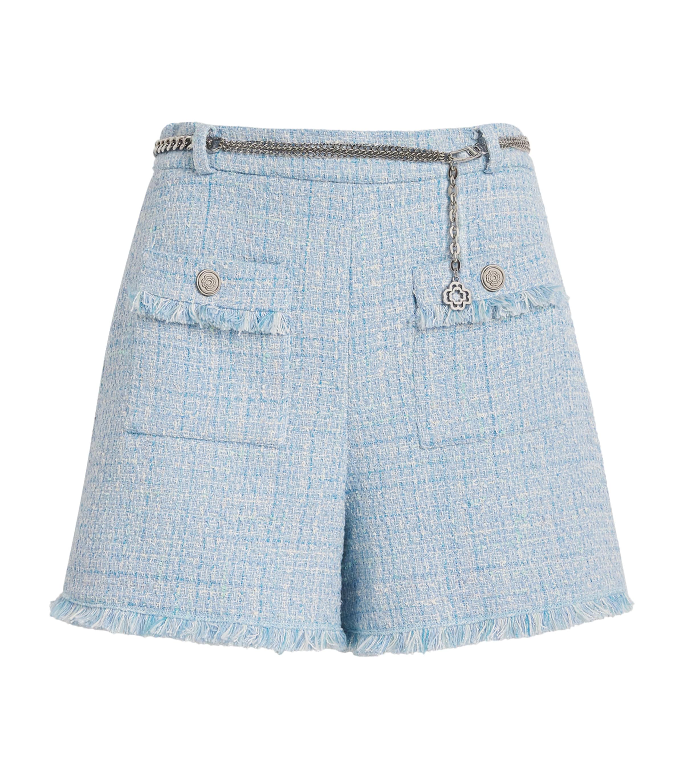 Blue Cotton-Blend Belted Tweed Shorts