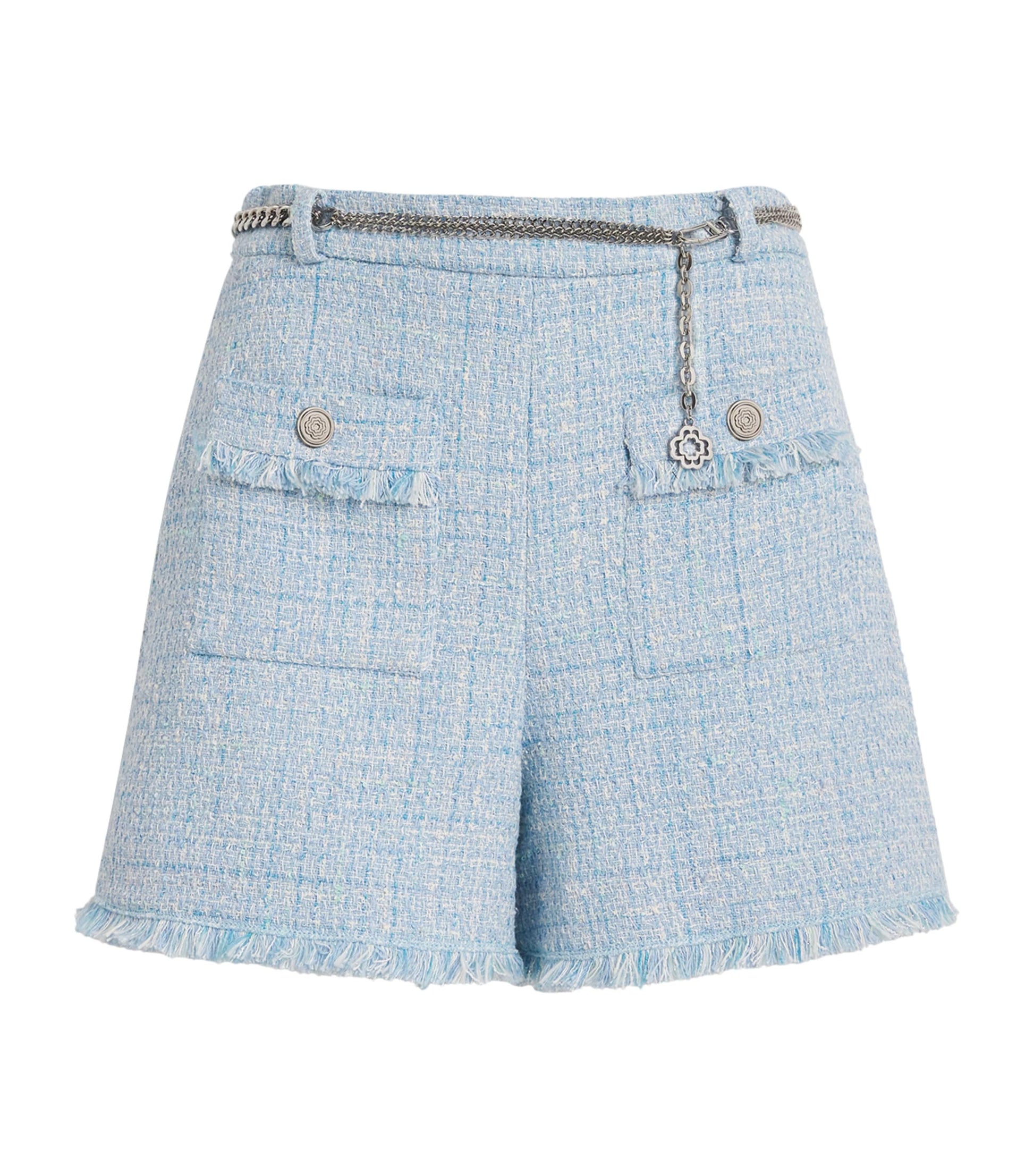 Blue Cotton-Blend Belted Tweed Shorts