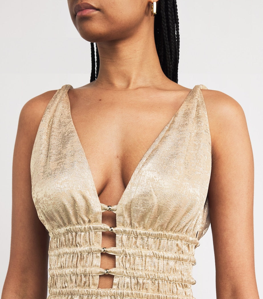 Gold Lamé Shirred Midi Dress