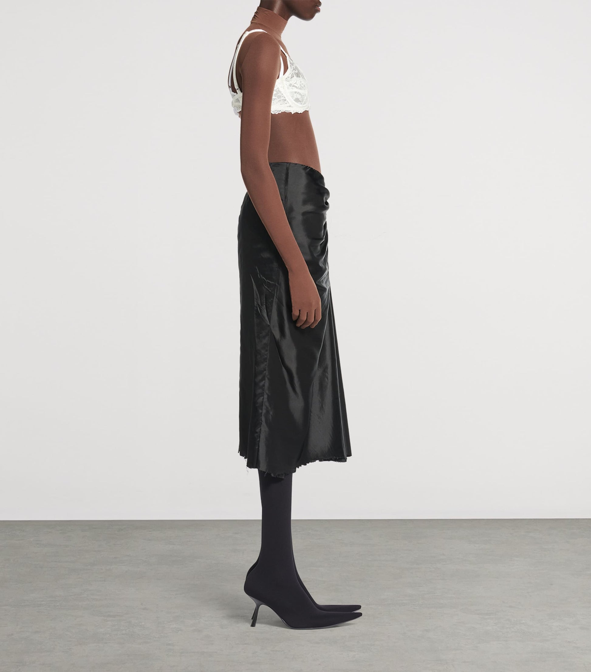 Balenciaga Black Satin Gathered Midi Skirt