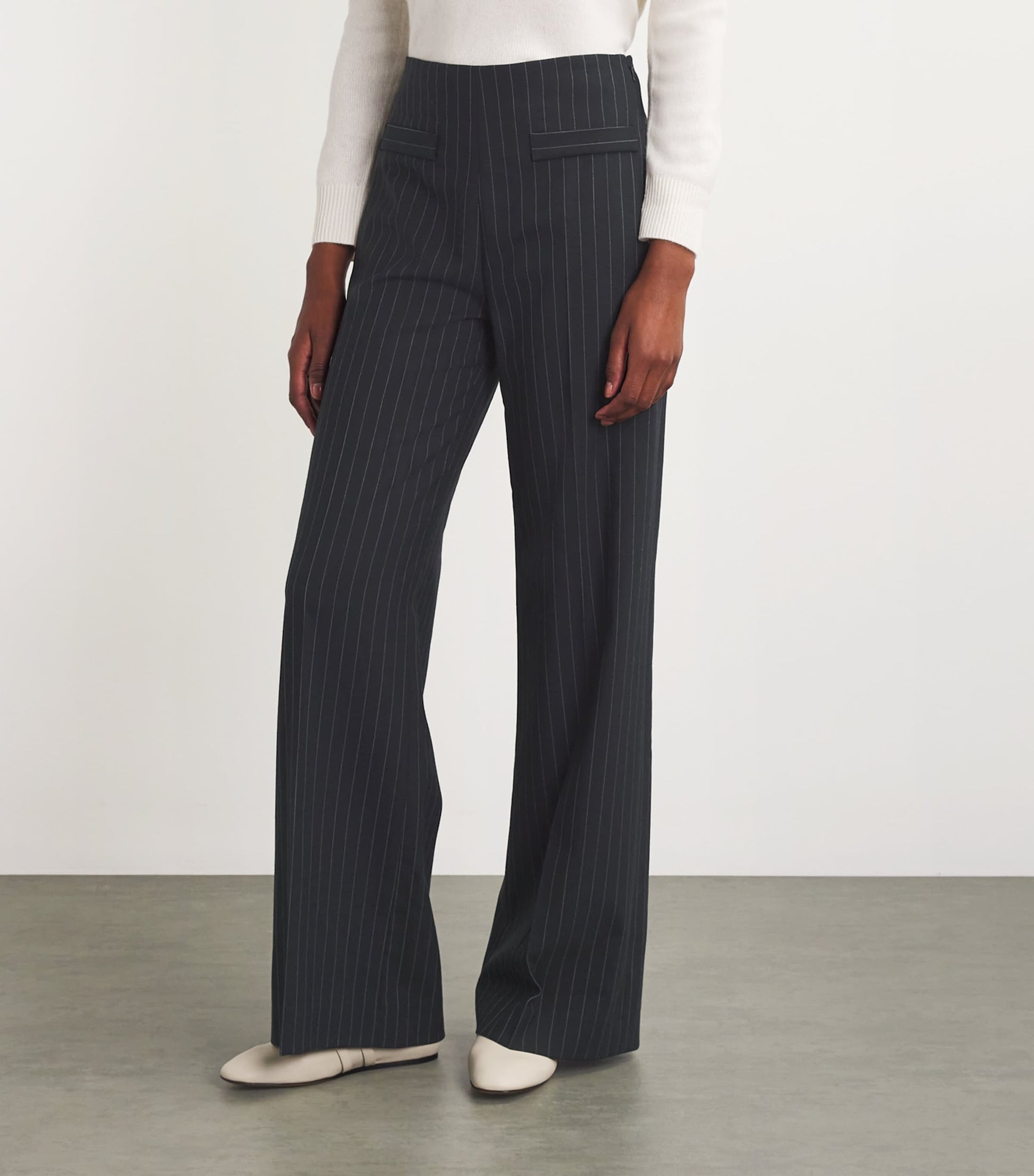 Black Pinstripe Wide-Leg Tailored Trousers