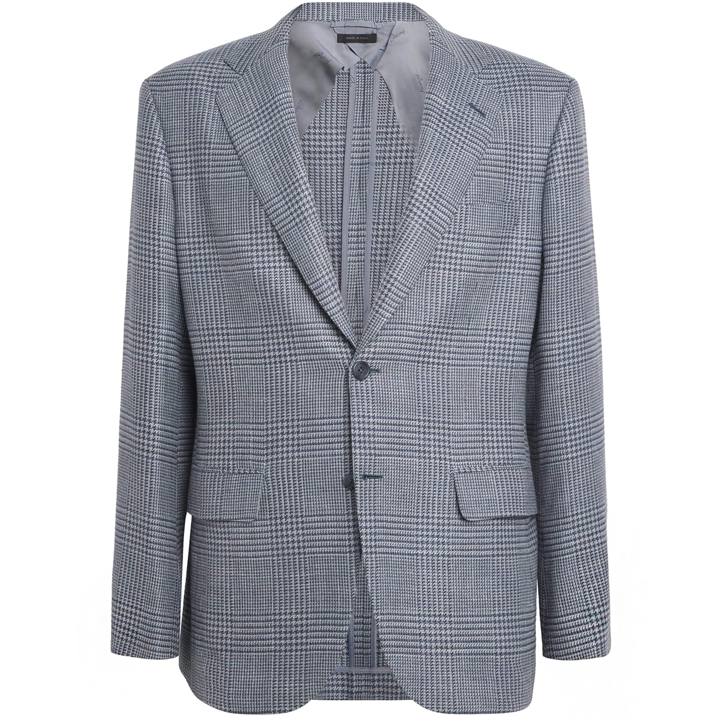 Blue Wool-Silk Houndstooth Check Blazer
