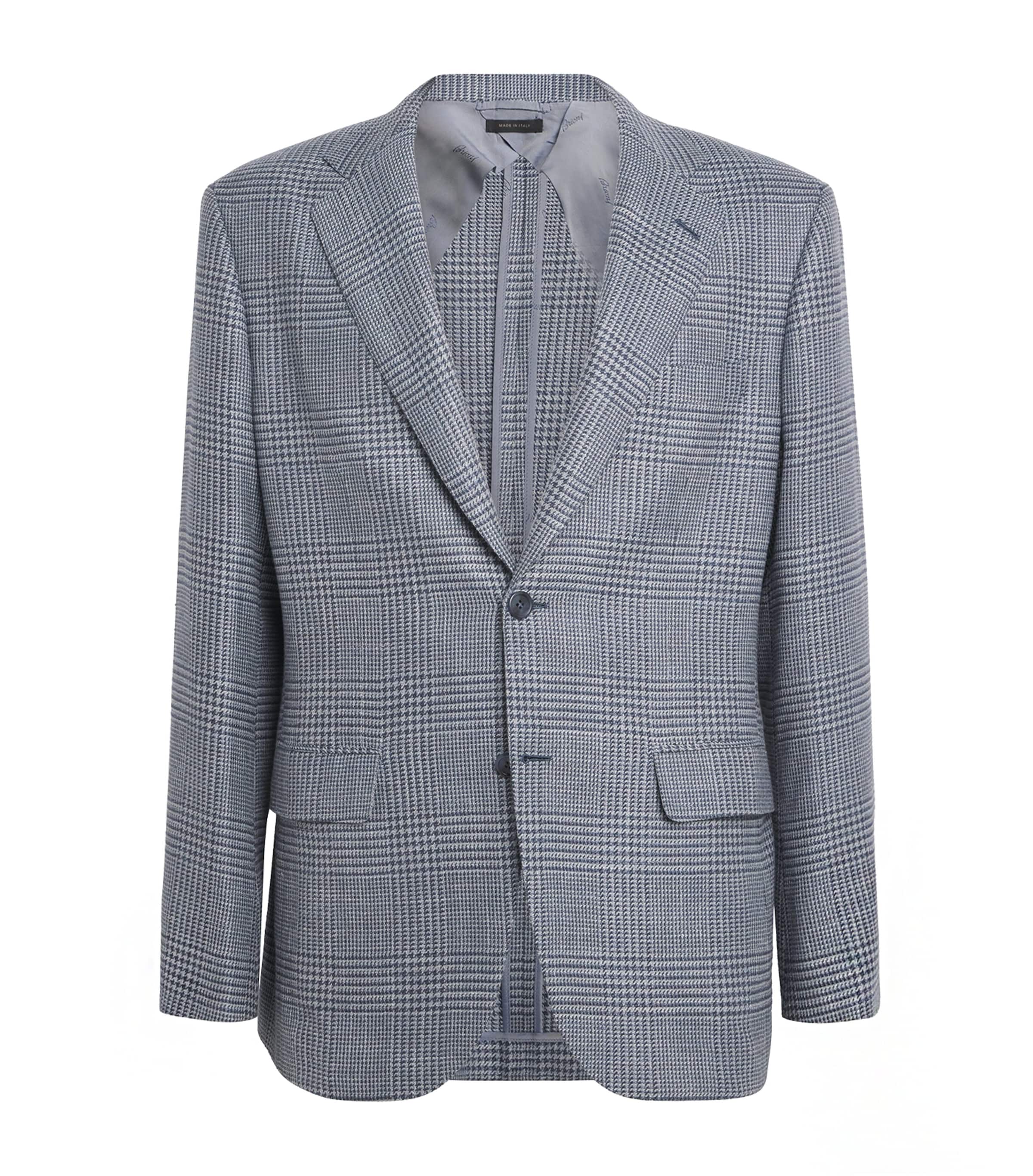 Blue Wool-Silk Houndstooth Check Blazer
