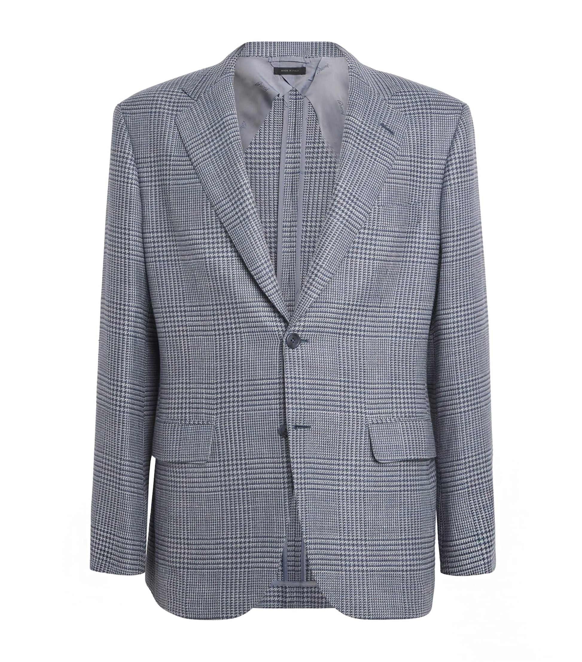 Blue Wool-Silk Houndstooth Check Blazer