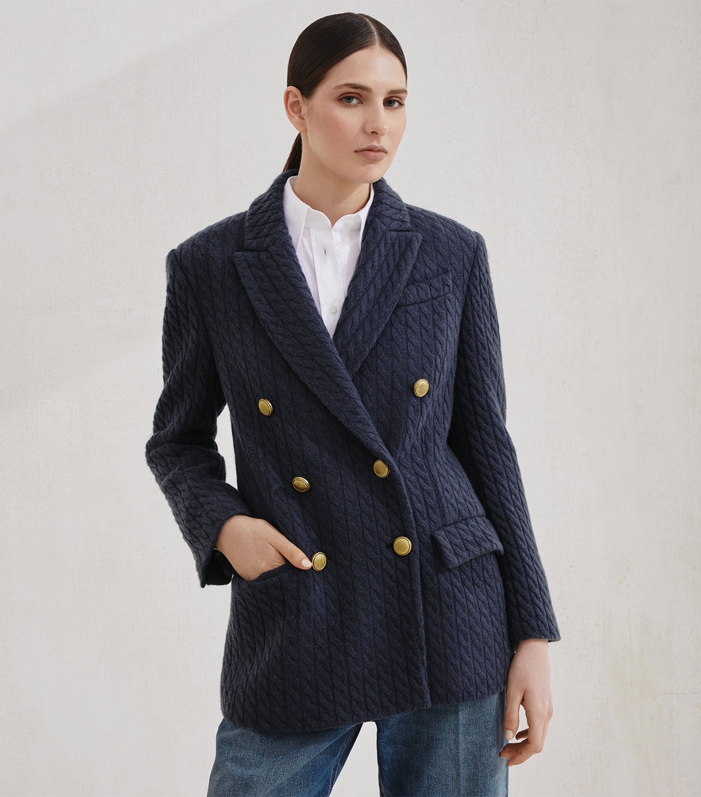 Brunello Cucinelli Blue Cashmere Cable Knit Blazer