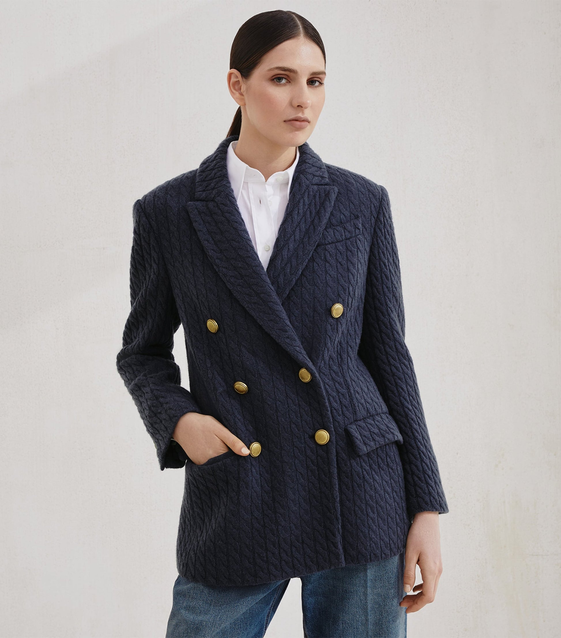 Brunello Cucinelli Blue Cashmere Cable Knit Blazer