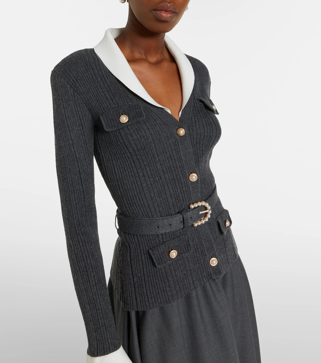 Self-Portrait - Belted ribbed-knit midi dress