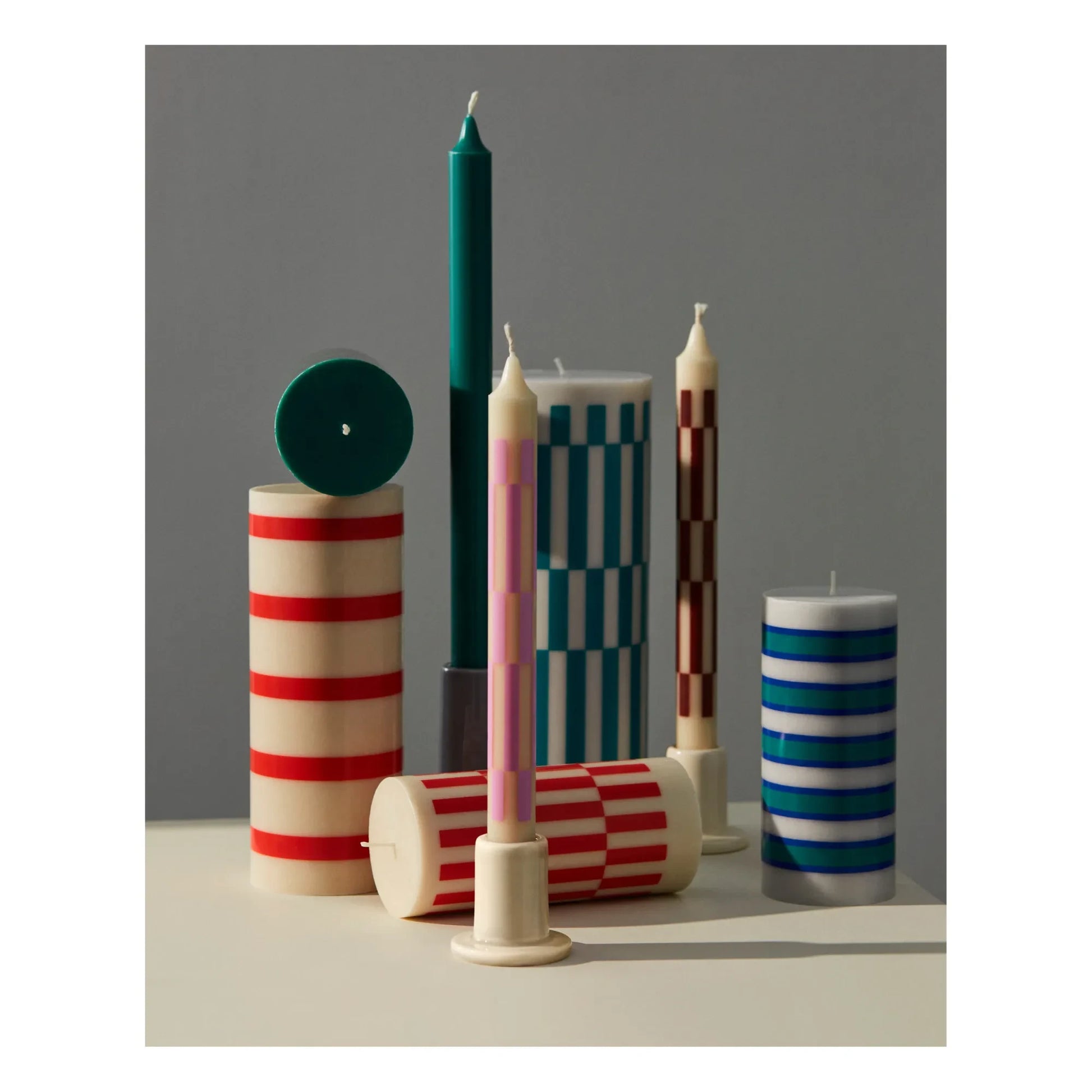Hay - Column candle with stripes  | Blue