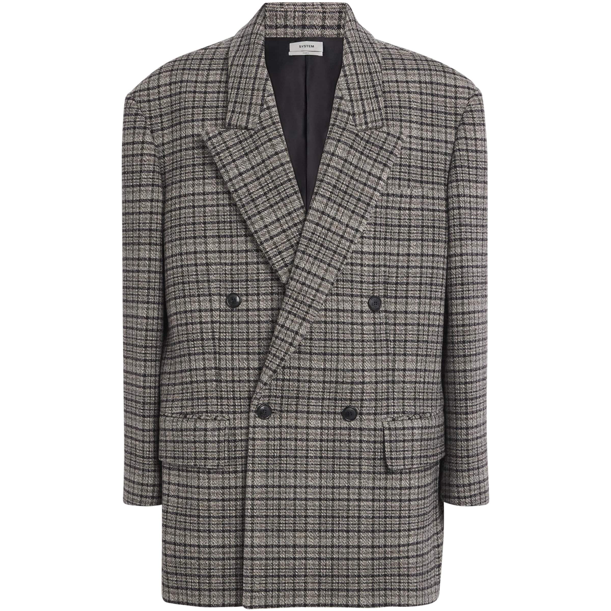 System Grey Oversized Check Double-Breasted Blazer