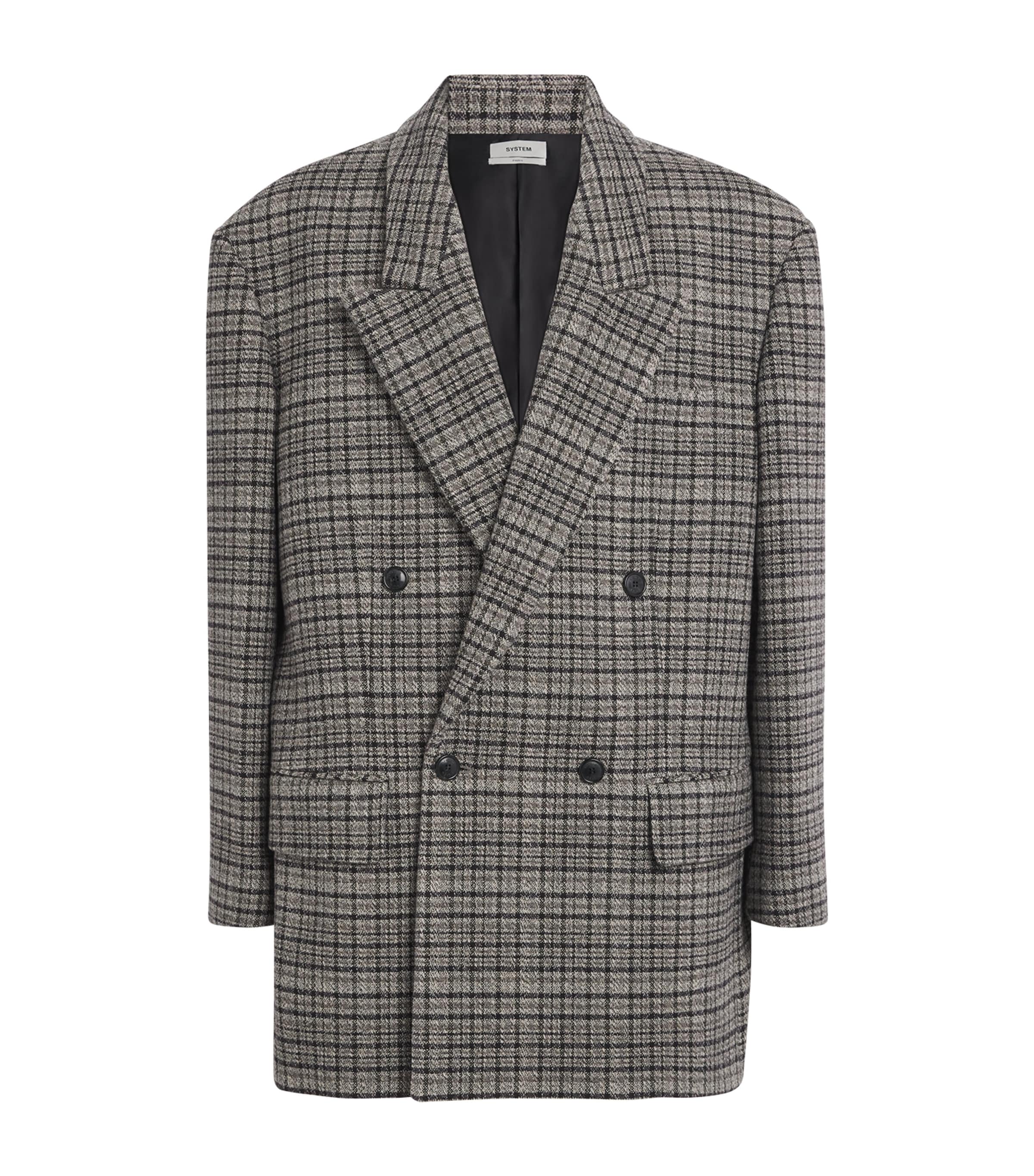 System Grey Oversized Check Double-Breasted Blazer