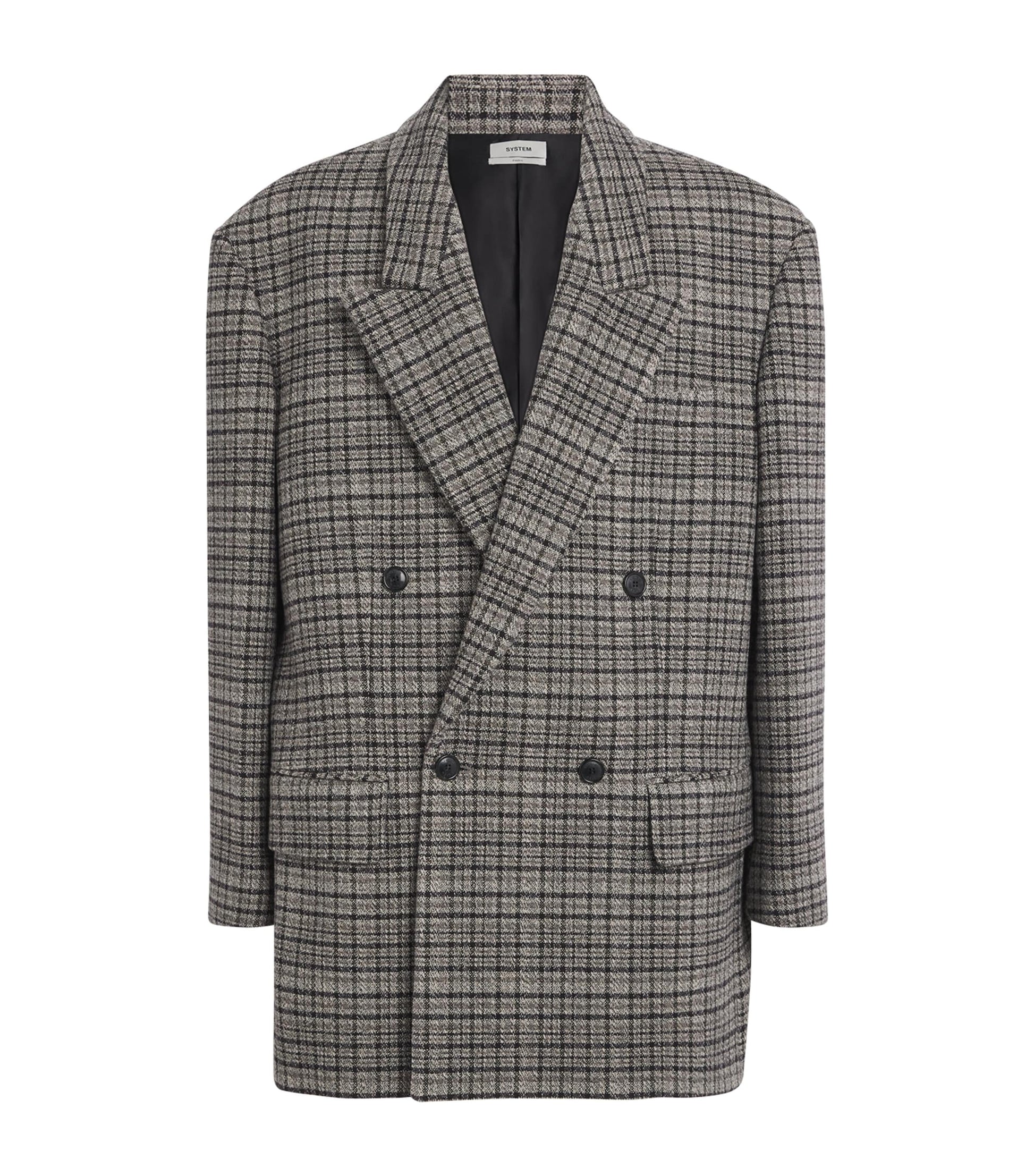 System Grey Oversized Check Double-Breasted Blazer
