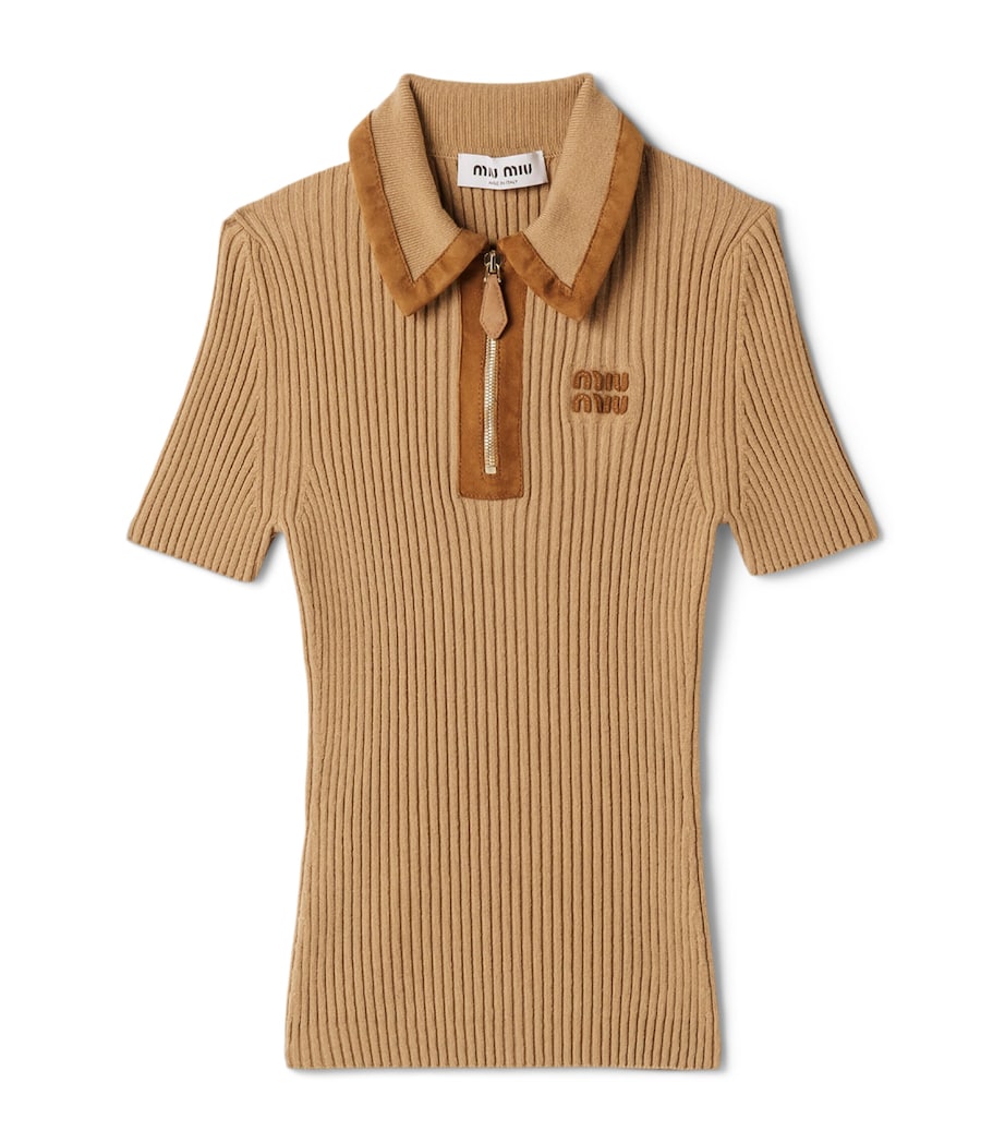 Neutral Cashmere-Blend Suede-Trim Ribbed Polo Shirt