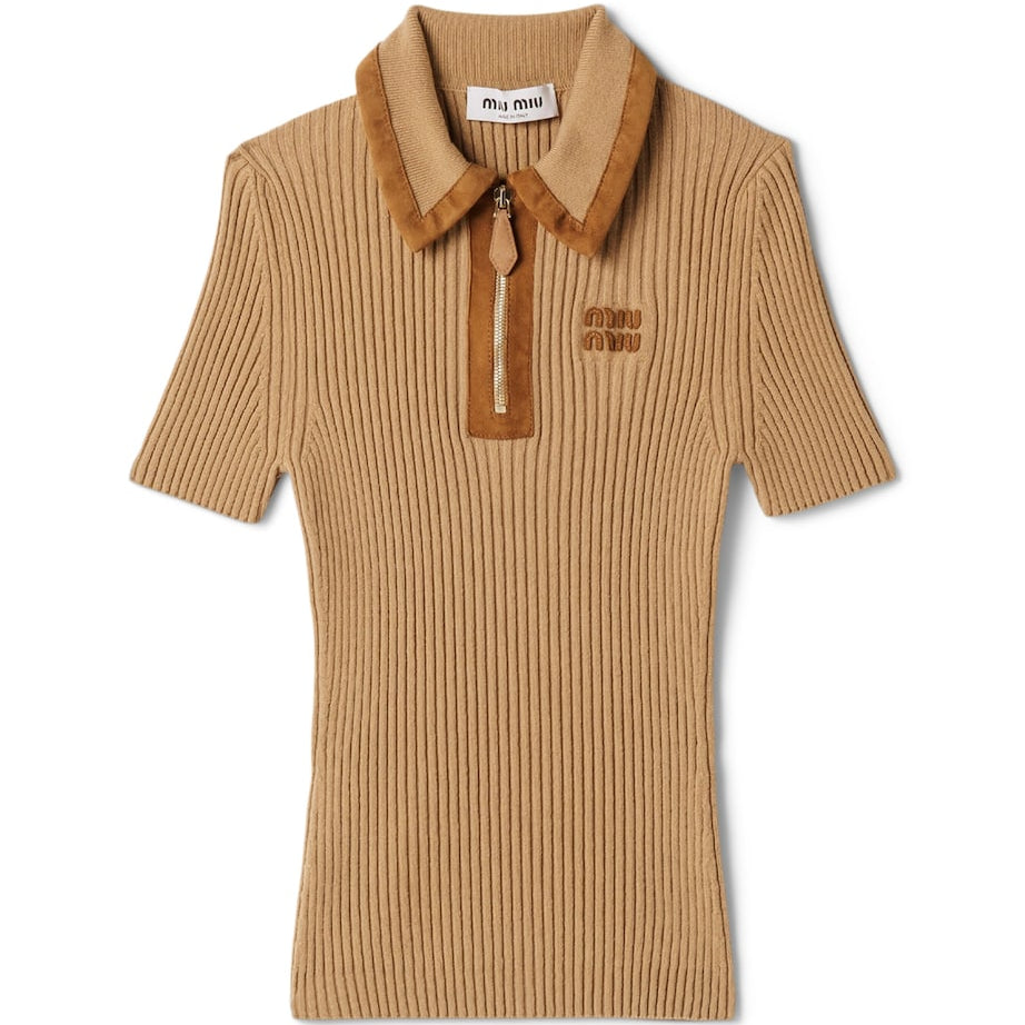 Neutral Cashmere-Blend Suede-Trim Ribbed Polo Shirt