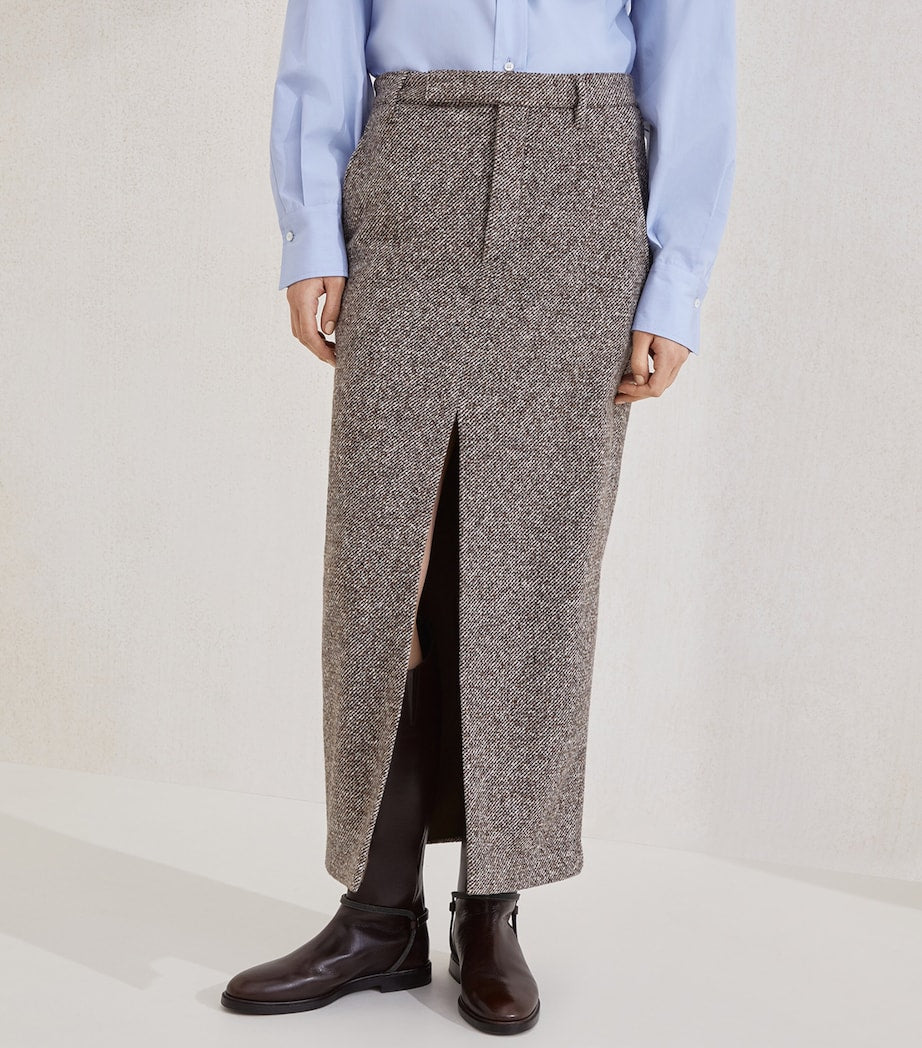 Brunello Cucinelli Brown Wool-Silk Mélange Pencil Skirt