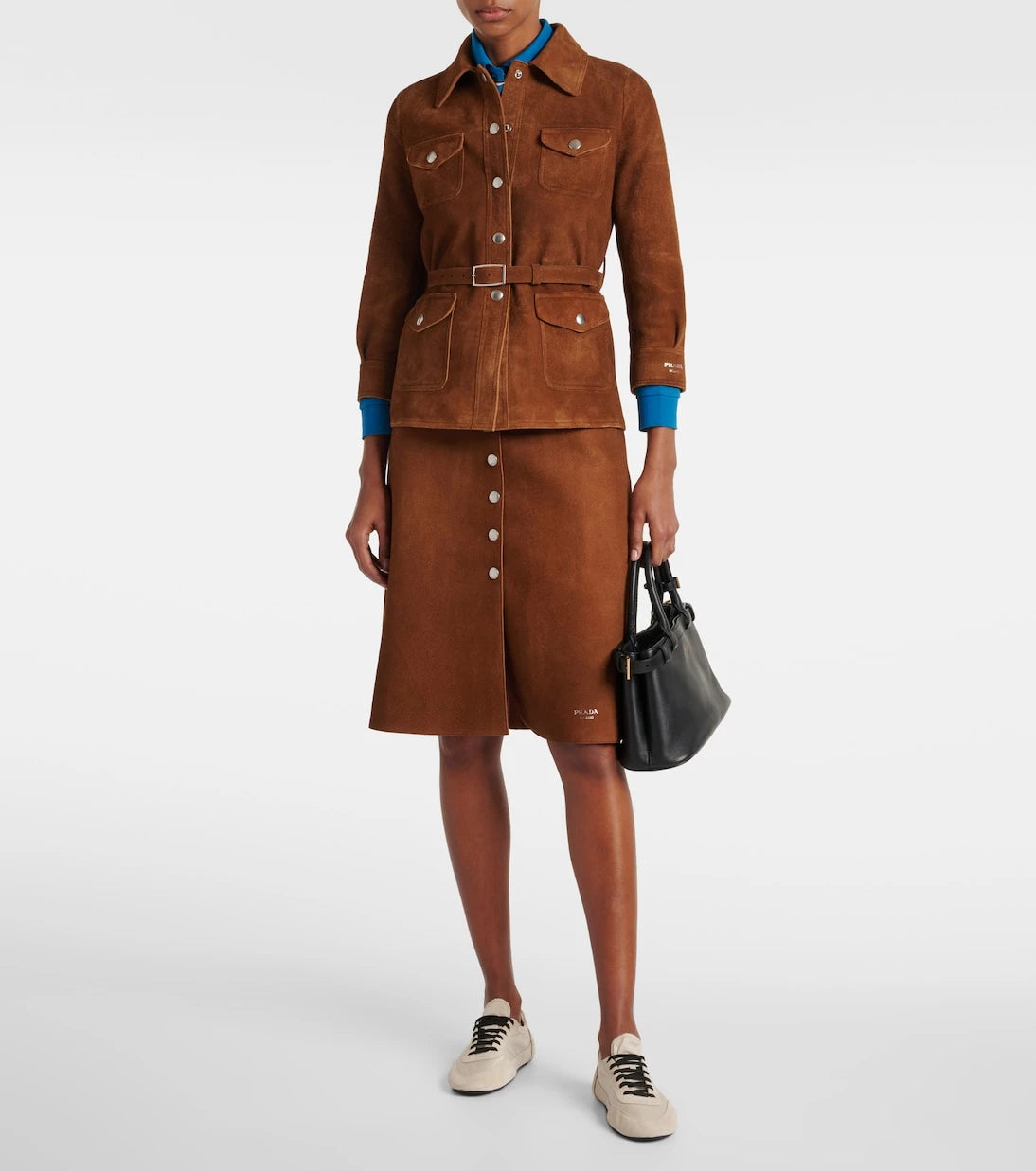 Prada - Belted suede midi skirt