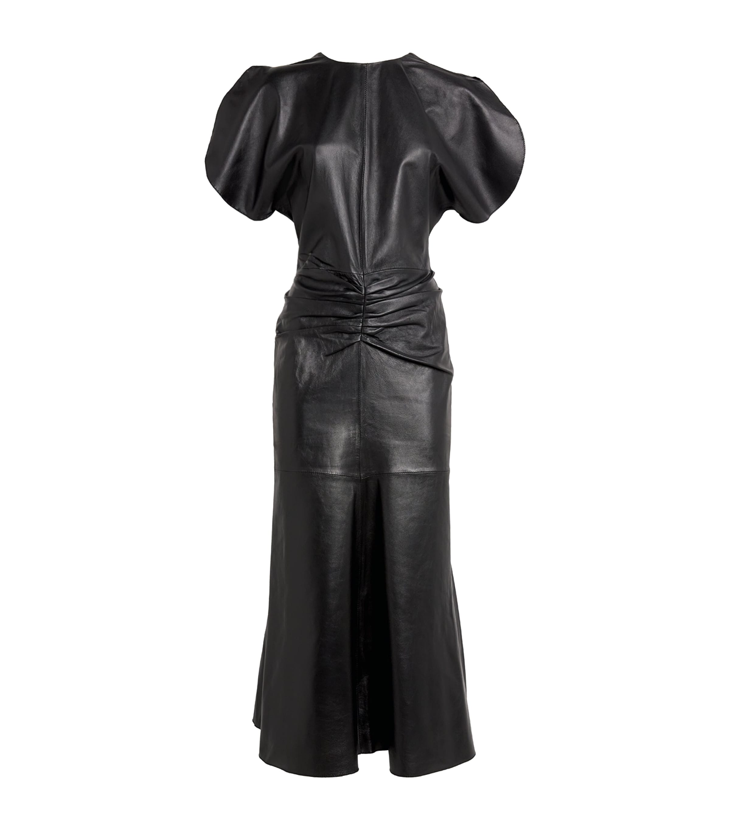 Leather Gathered Waist Midi Dress