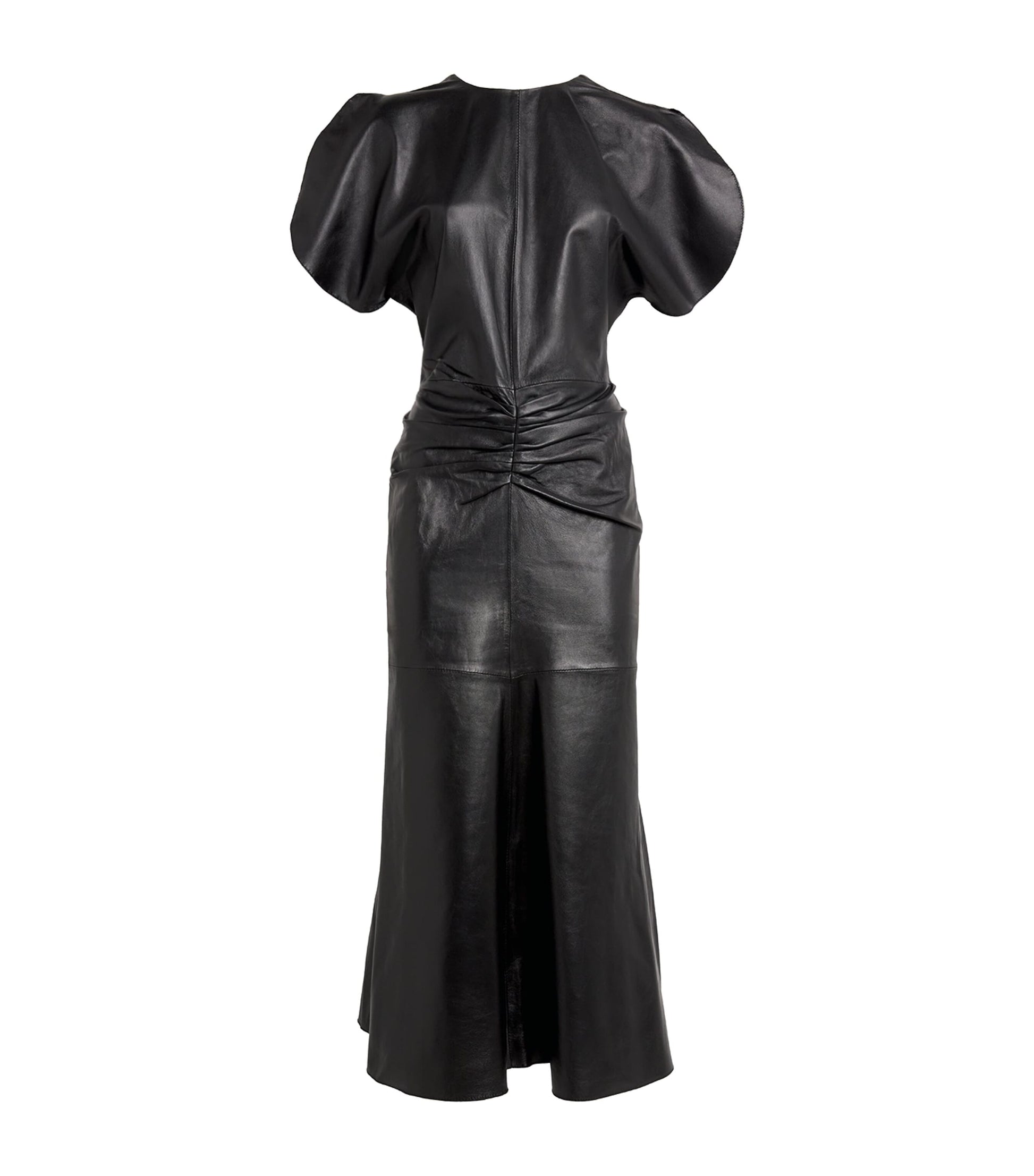 Leather Gathered Waist Midi Dress