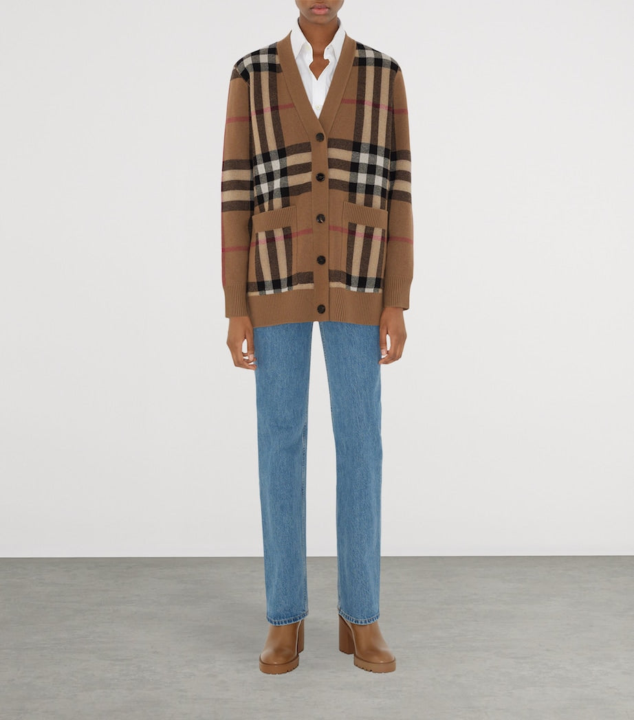 Brown Wool-Cashmere Check Cardigan