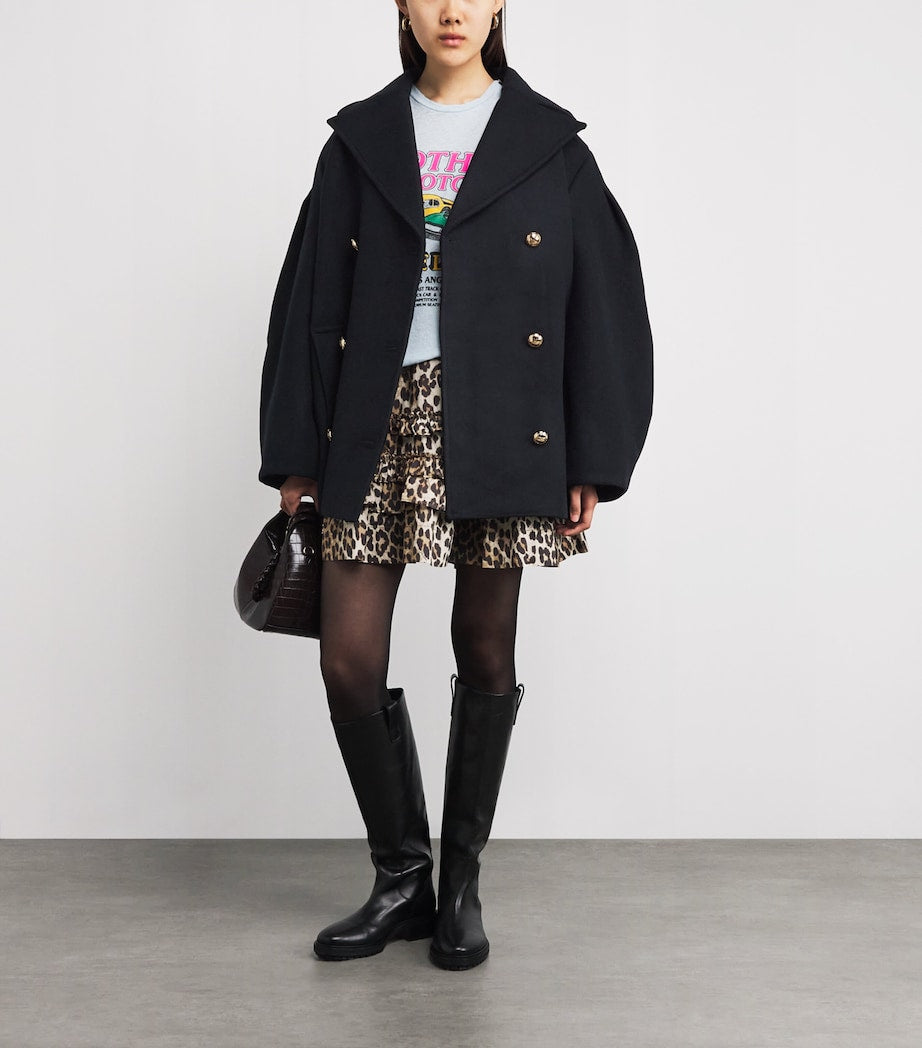 GANNI Black Recycled Wool-Blend Midi Pea Coat