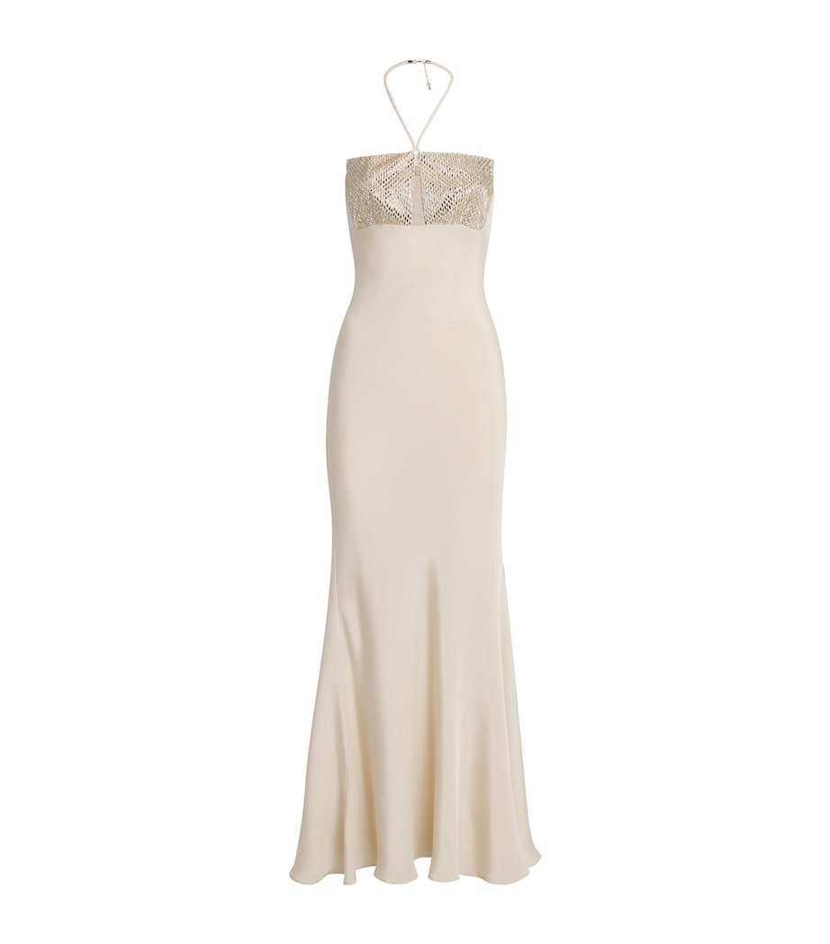 Roland Mouret Ivory Silk Embellished Halterneck Maxi Dress