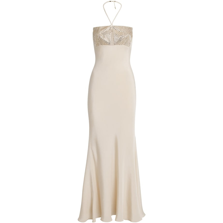 Roland Mouret Ivory Silk Embellished Halterneck Maxi Dress