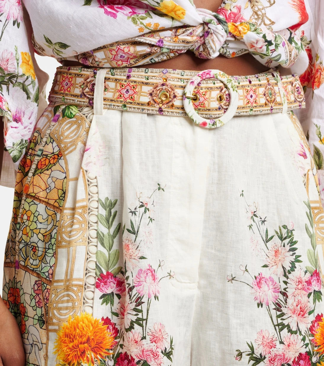 Camilla - Floral high-rise belted linen shorts