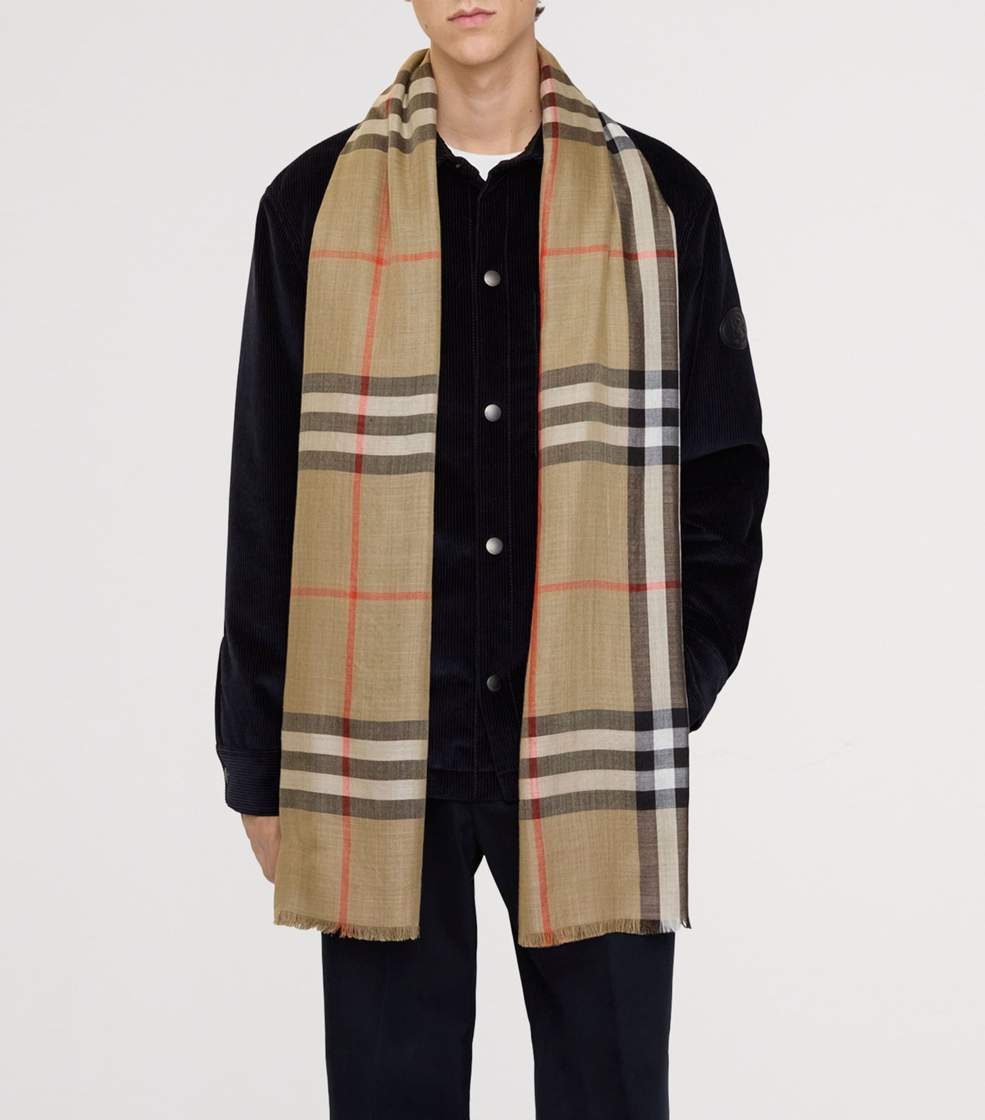 Beige Wool-Silk Reversible Check Scarf