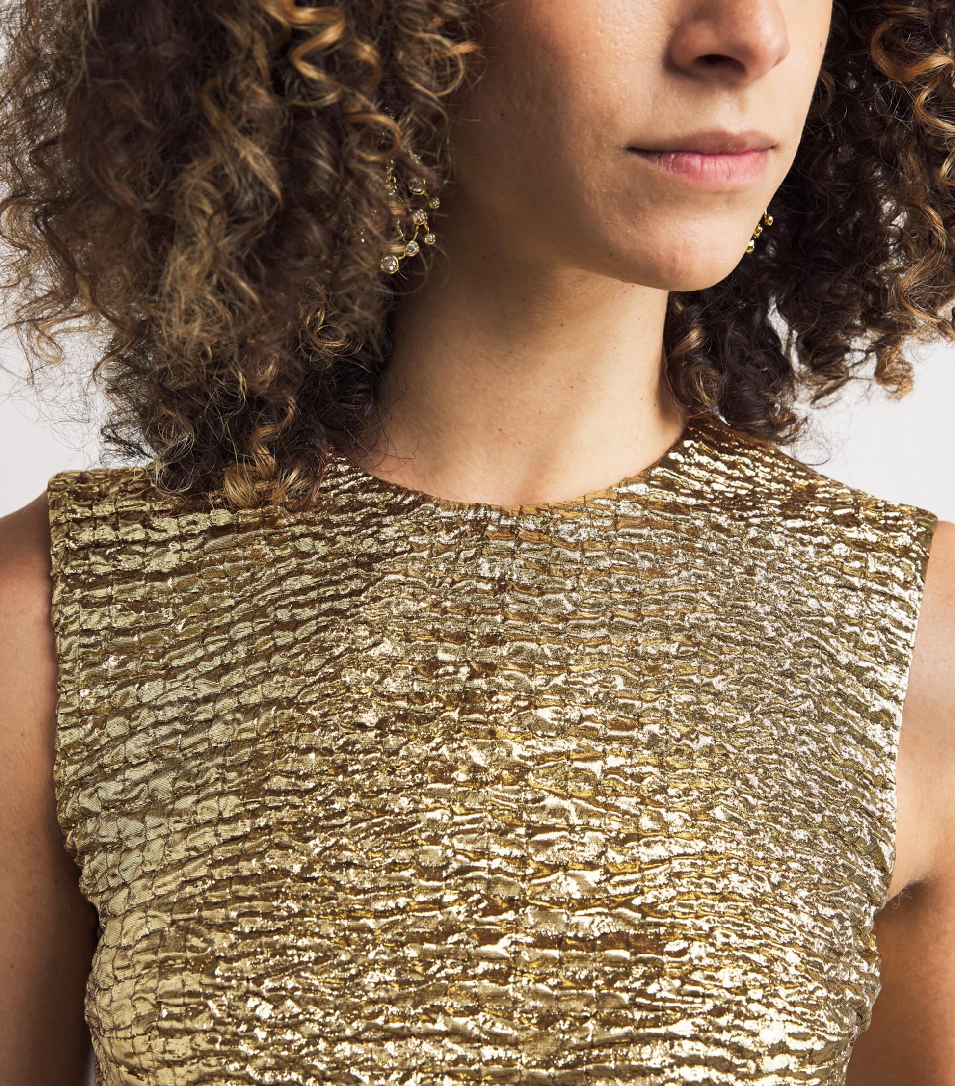 Emilia Wickstead Gold Metallic Seersucker Mara Midi Dress