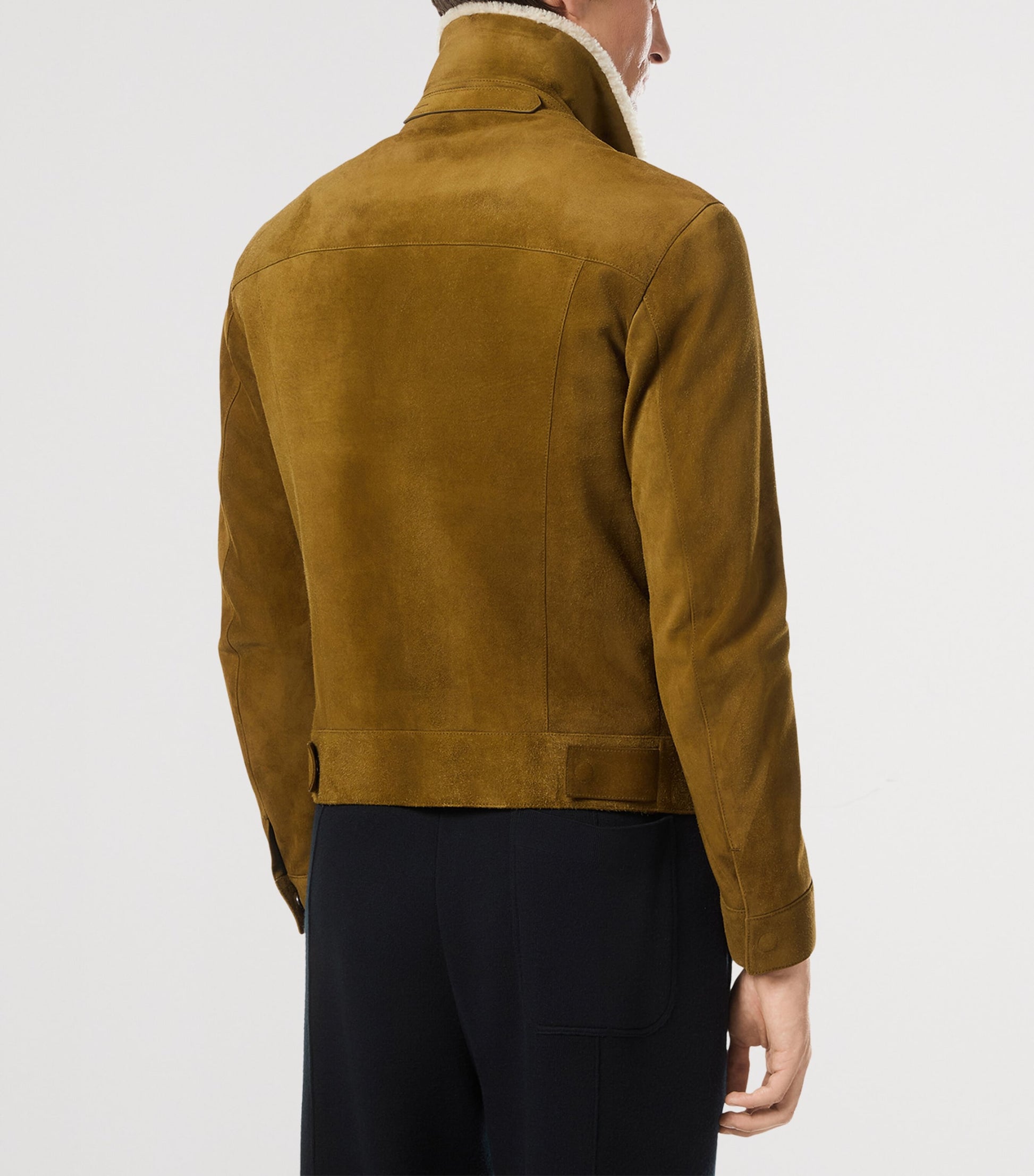 Brown Calf Leather Shearling-Trim Bomber Jacket