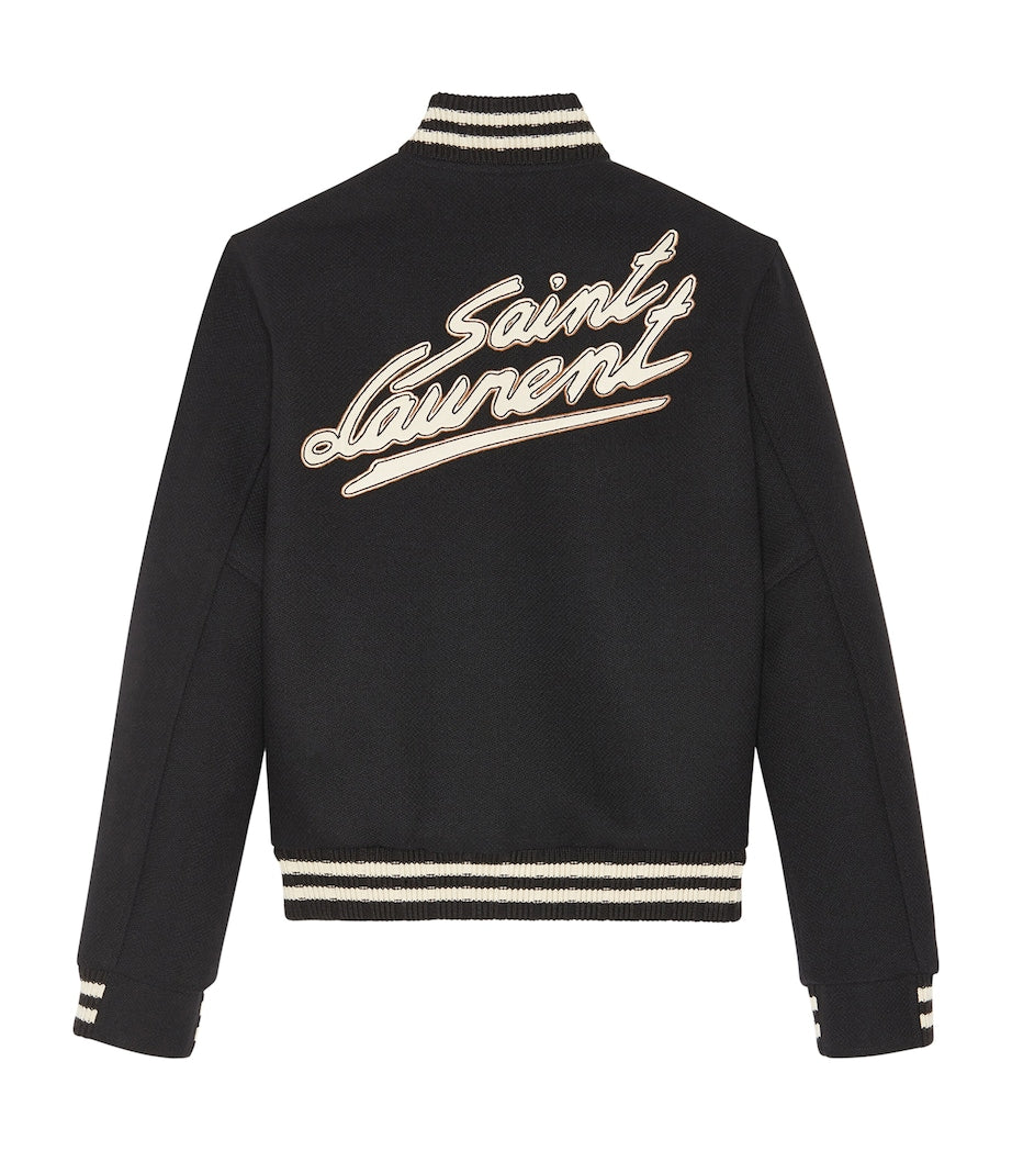 Saint Laurent Black Wool-Rich Logo Bomber Jacket