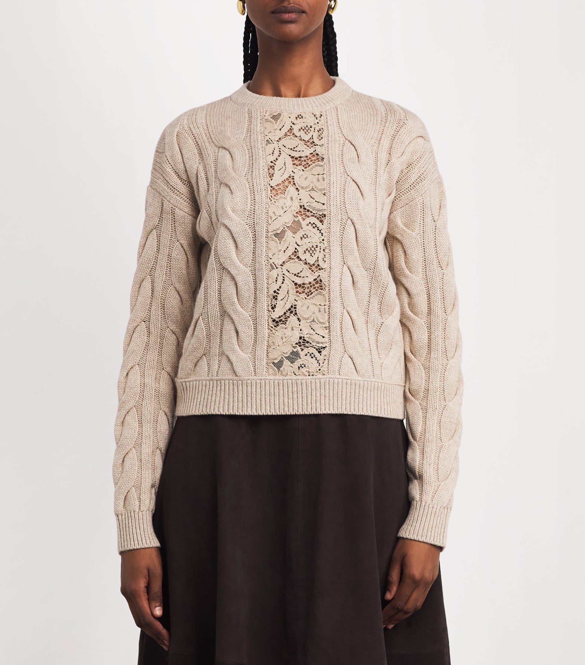 Max Mara Beige Wool-Cashmere Cable-Knit Lace Sweater