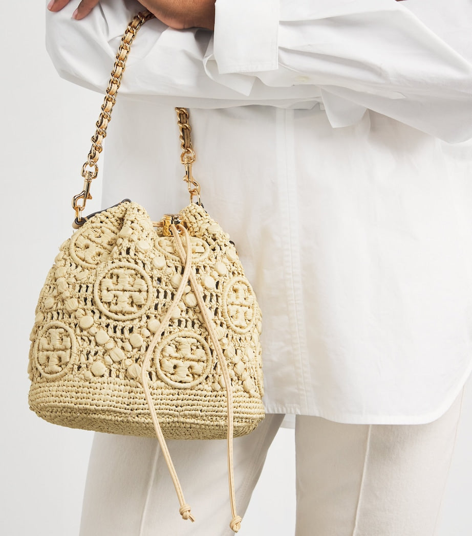 Neutral Raffia Monogram Bucket Bag