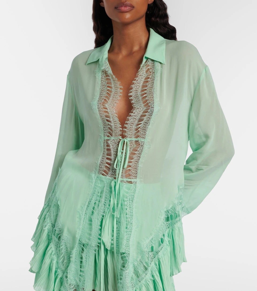 Blumarine - Lace-trimmed sheer georgette shirt