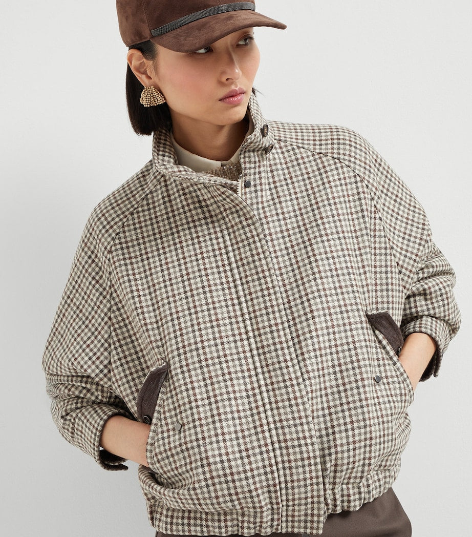 Brunello Cucinelli Brown Virgin Wool Check Bomber Jacket