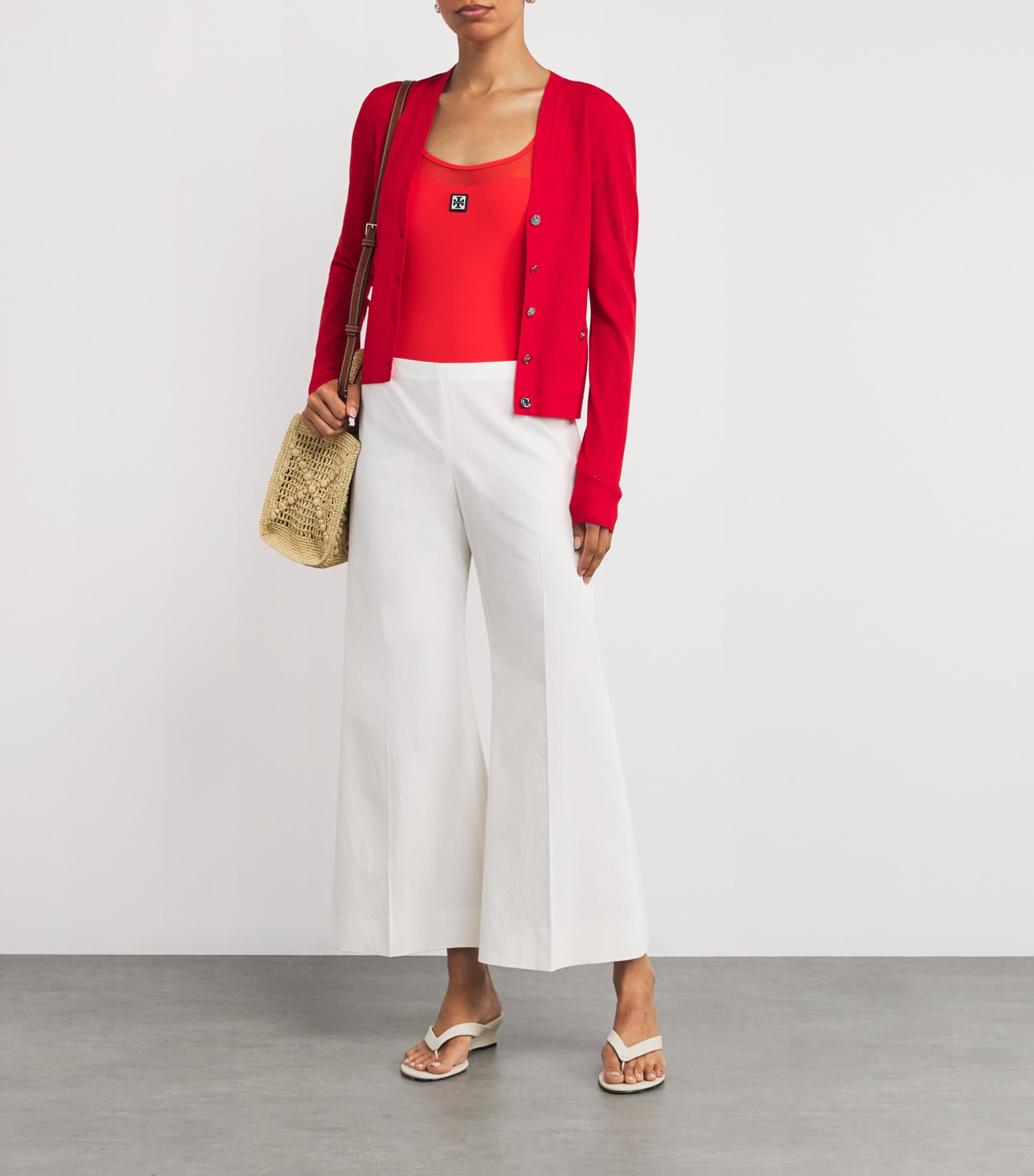 Tory Burch Red Monogram Pointelle Cardigan