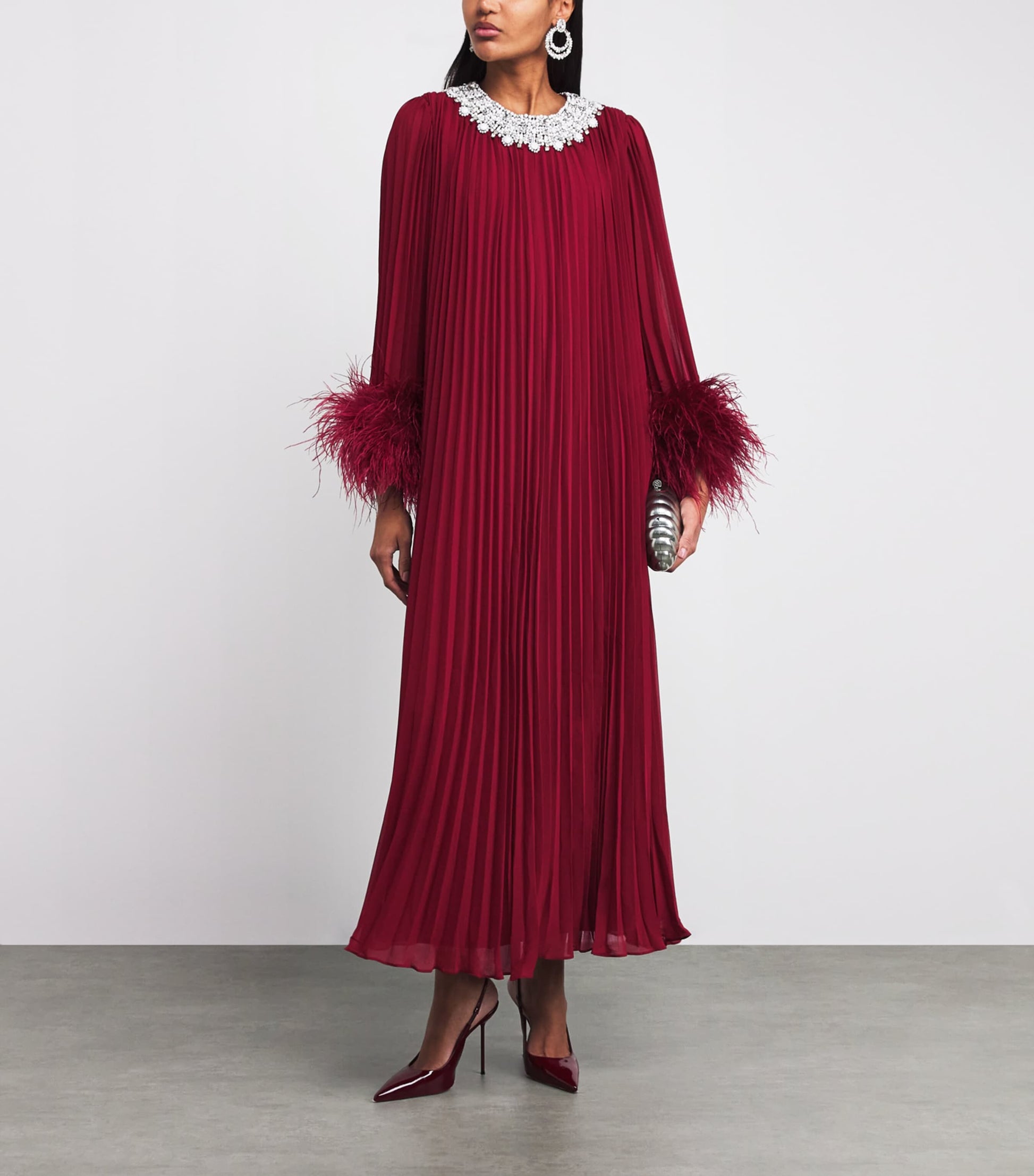 Self-Portrait Burgundy Ostrich Feather-Trim Maxi Dress