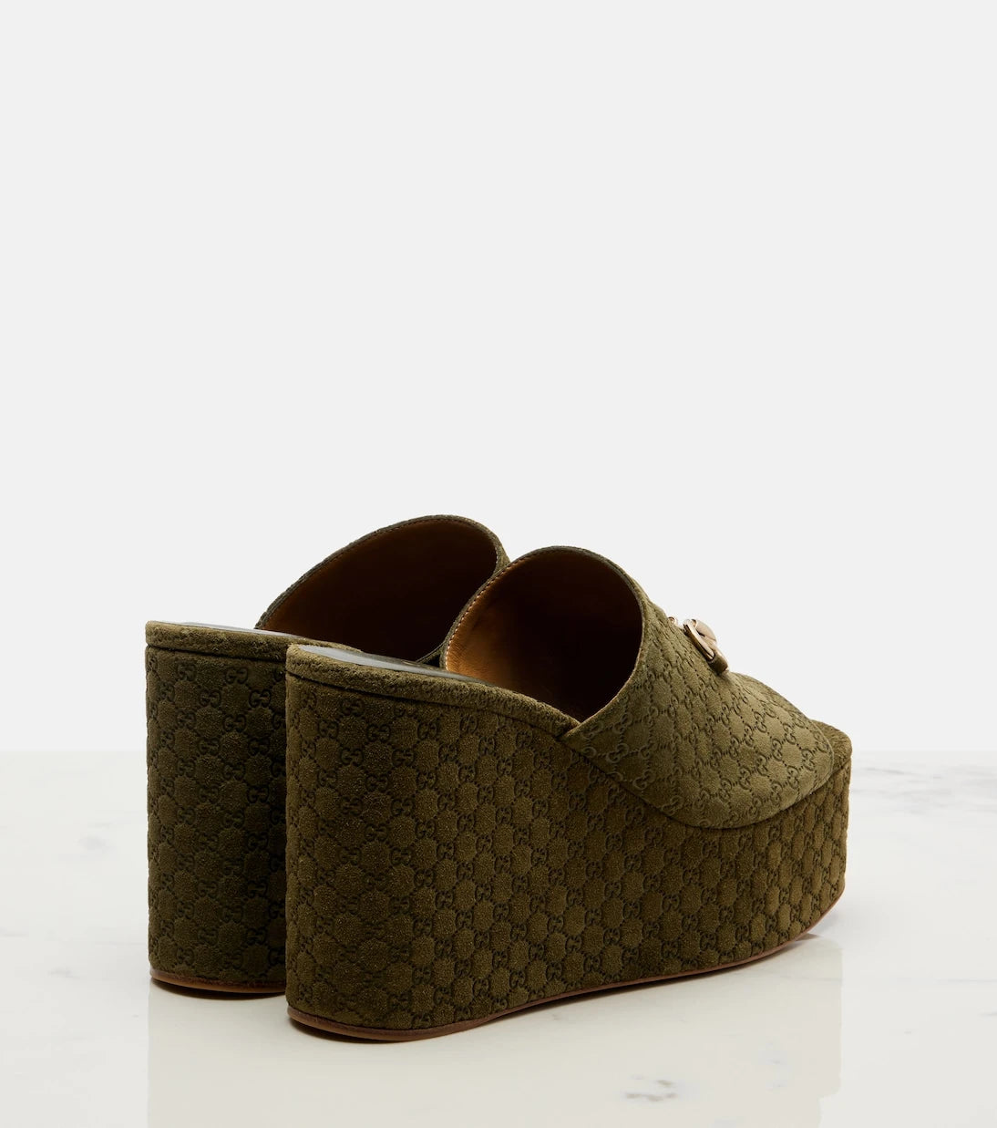 Gucci - Horsebit GG suede wedge mules
