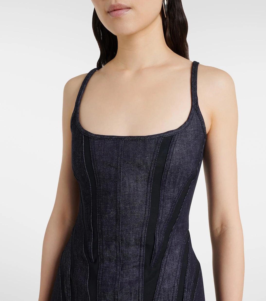 Mugler - Mesh-trimmed denim midi dress