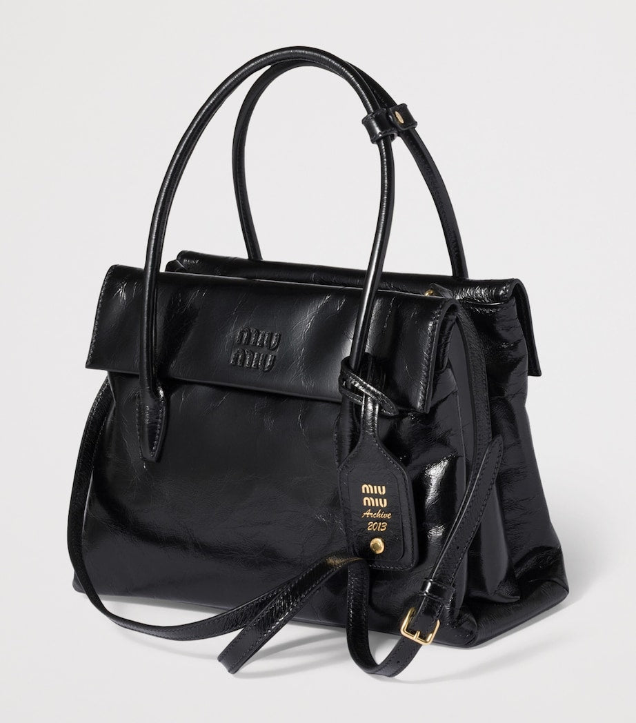 Black Leather Solitaire Top-Handle Bag