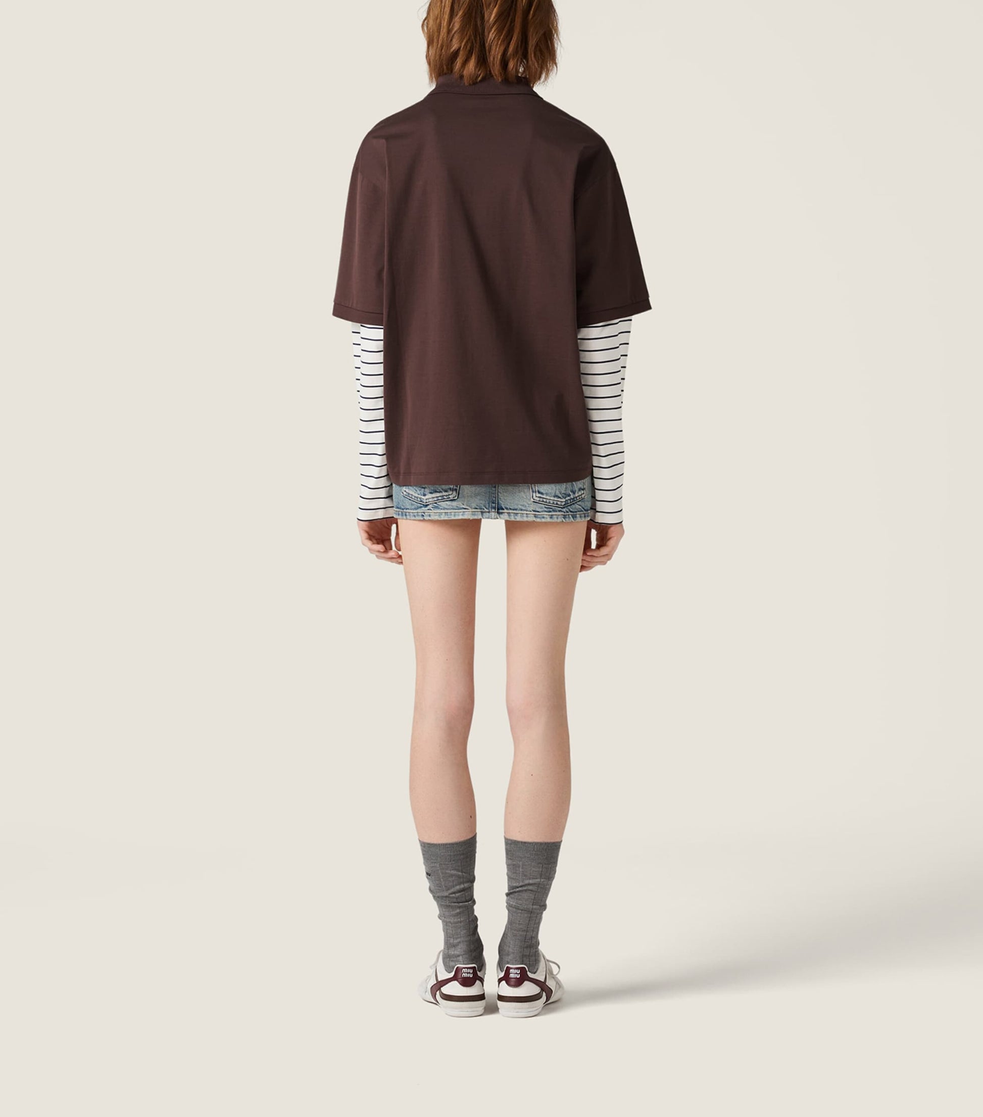 Miu Miu Brown Cotton Stripe-Sleeve Polo Shirt