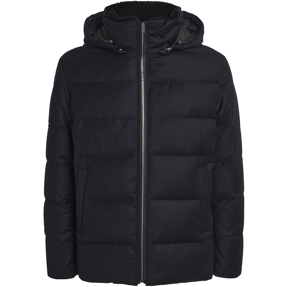 Yves Salomon Navy Wool-Silk Green Storm System Mink-Trim Puffer Jacket