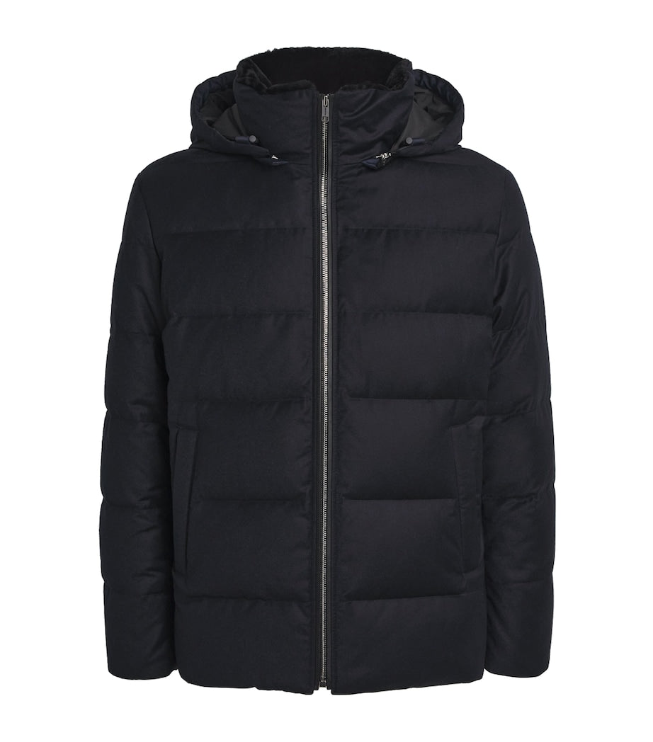 Yves Salomon Navy Wool-Silk Green Storm System Mink-Trim Puffer Jacket