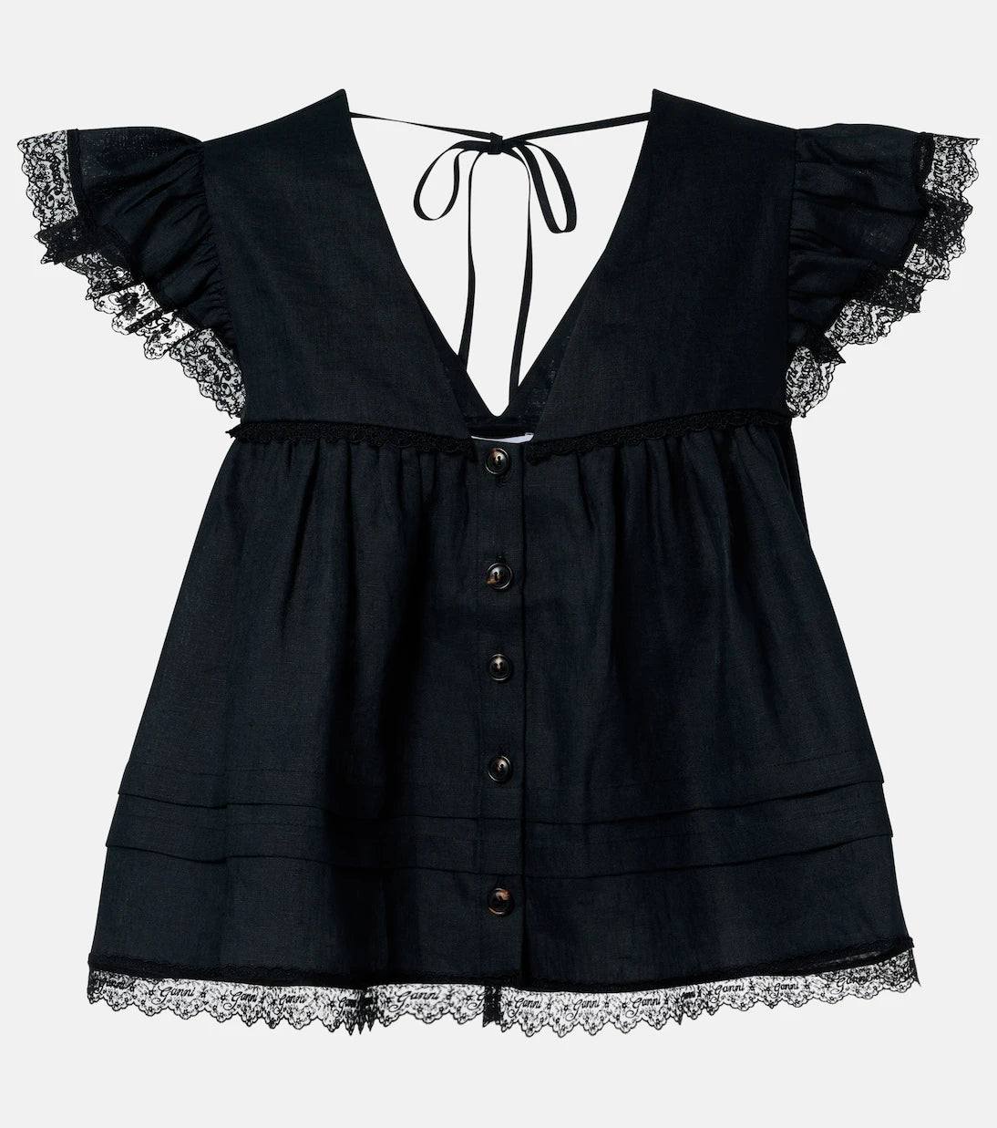 Ganni - Lace-trimmed linen top
