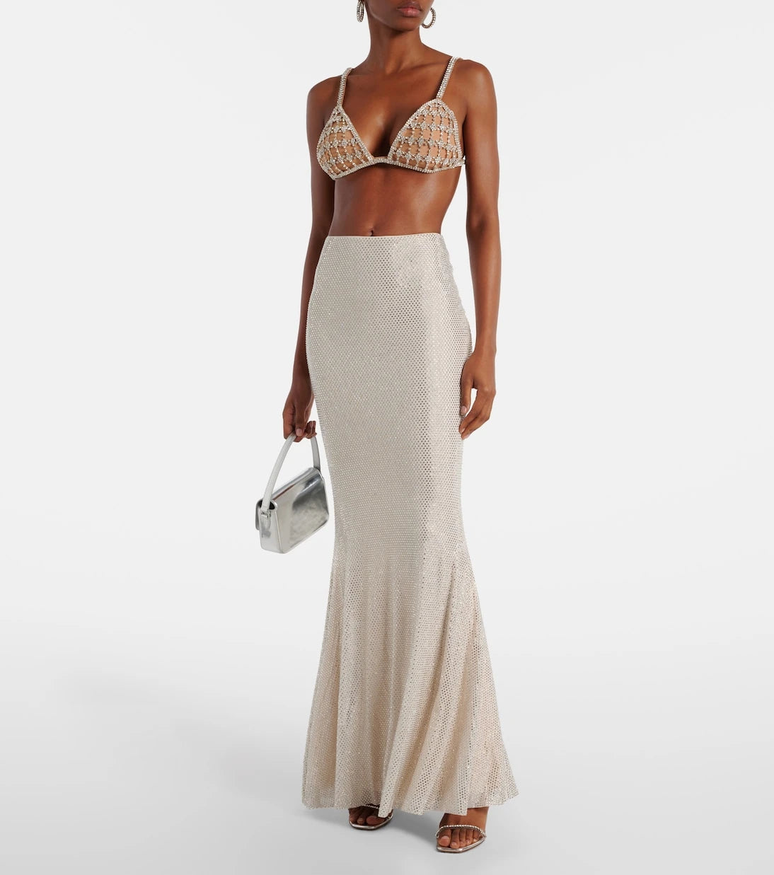 Self-Portrait - Rhinestone-embellished mesh maxi skirt