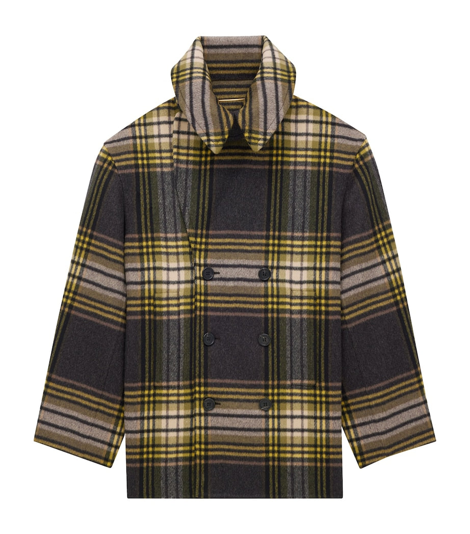 Grey Virgin Wool Check Pea Coat