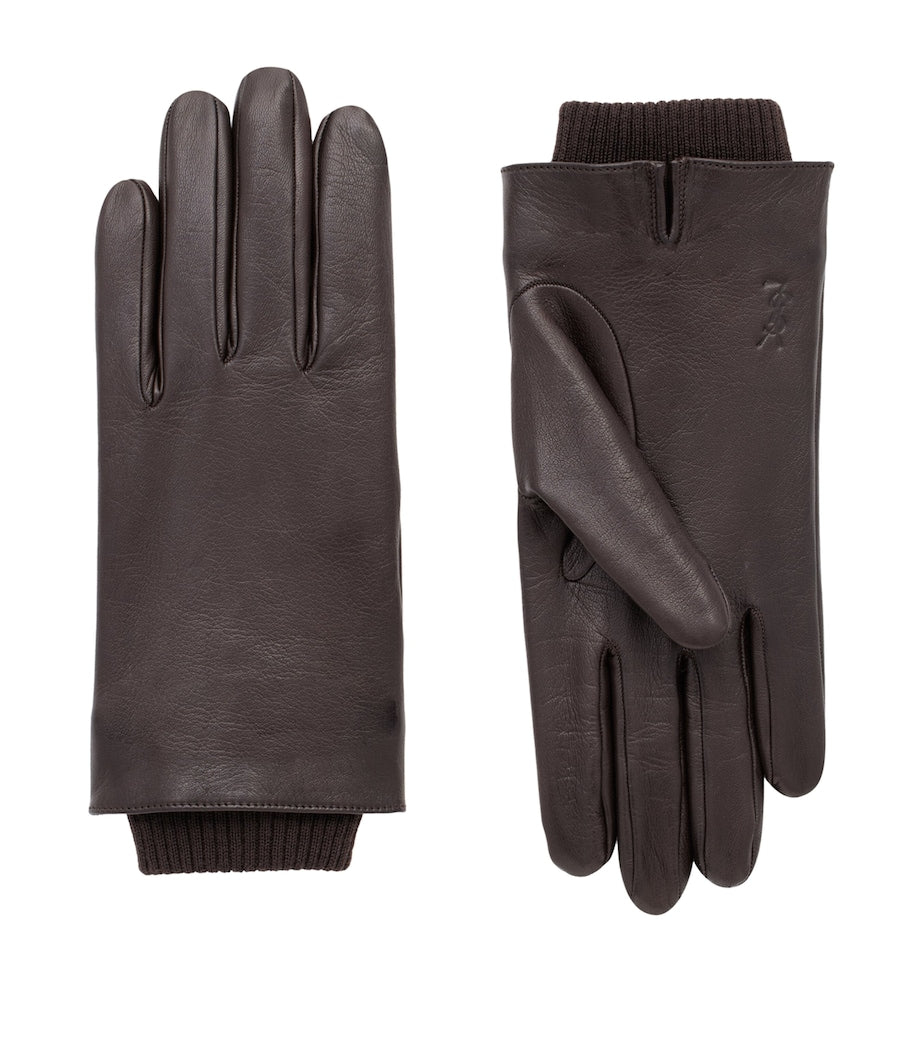 Saint Laurent Brown Leather Wool-Lined Cassandre Gloves