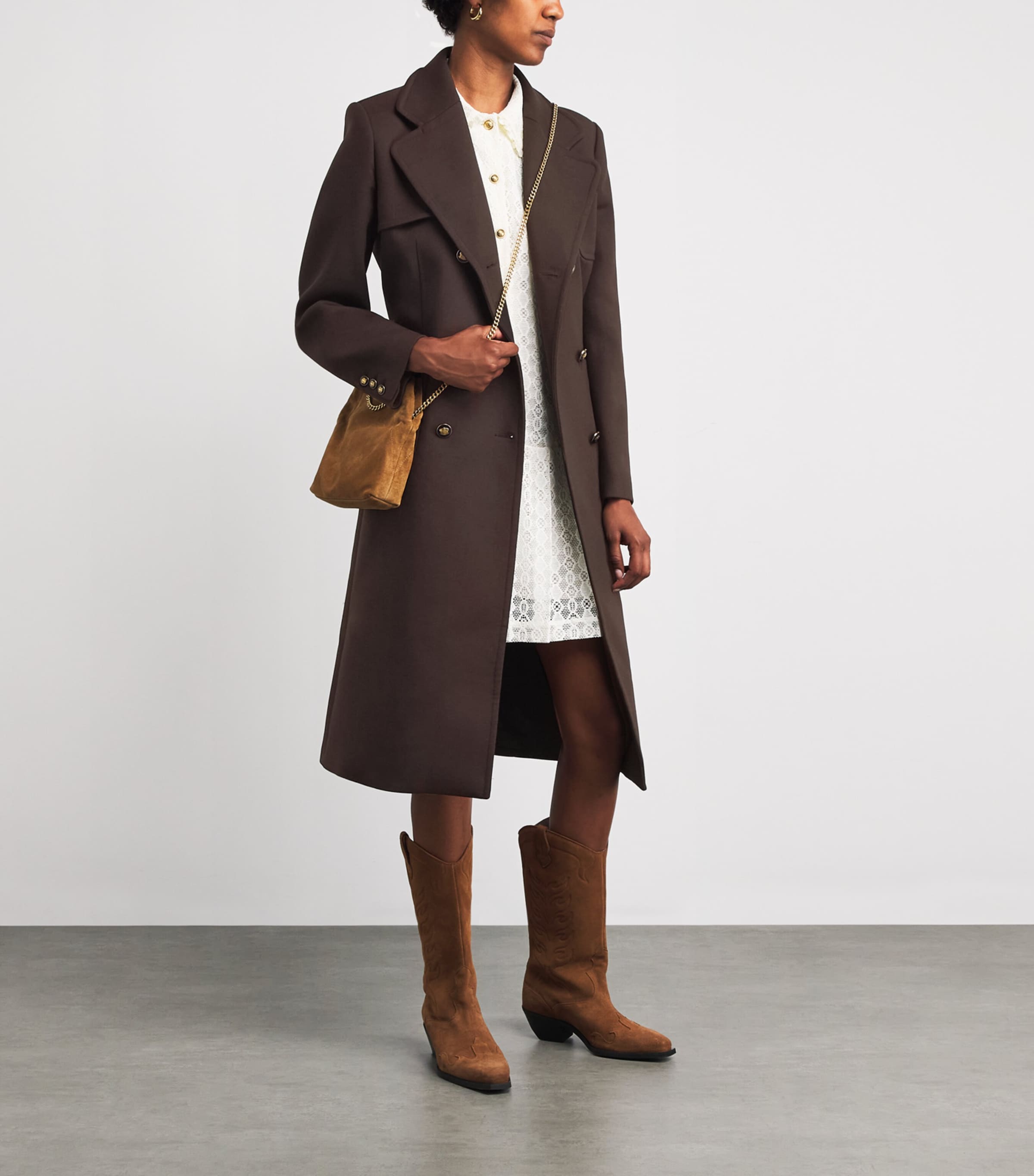 Sandro Paris Brown Virgin Wool-Blend Double-Breasted Overcoat