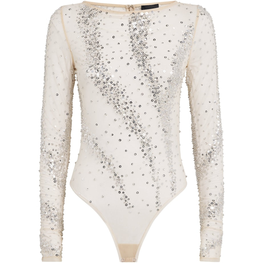 LAPOINTE Beige Rhinestone Swirl Bodysuit